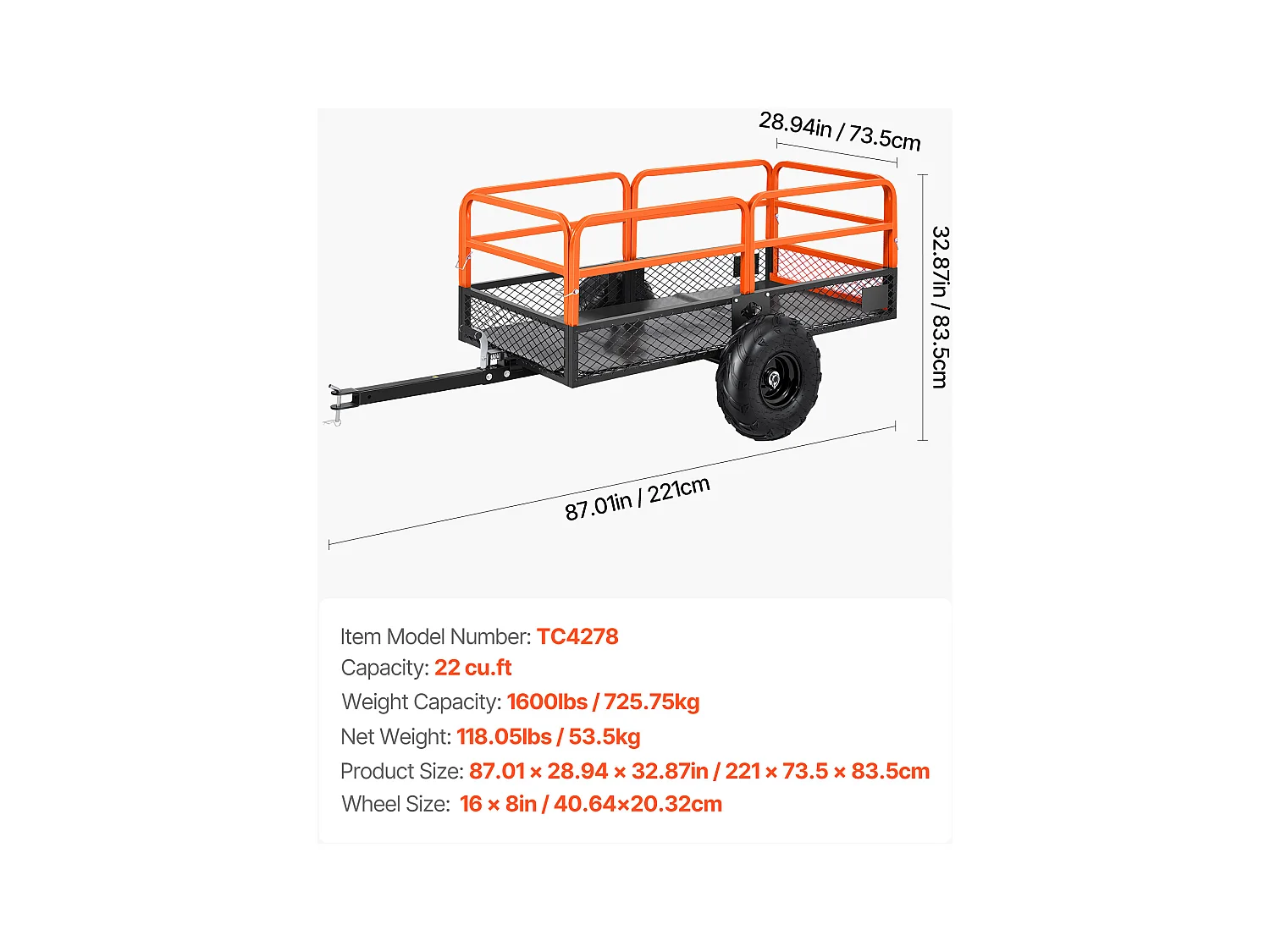 Kippanhänger SucceBuy, 623 L, Stahlanhänger für Rasentraktor und Garten, Tragfähigkeit 725,75 kg, Ausgestattet mit 40,64 cm Reifen