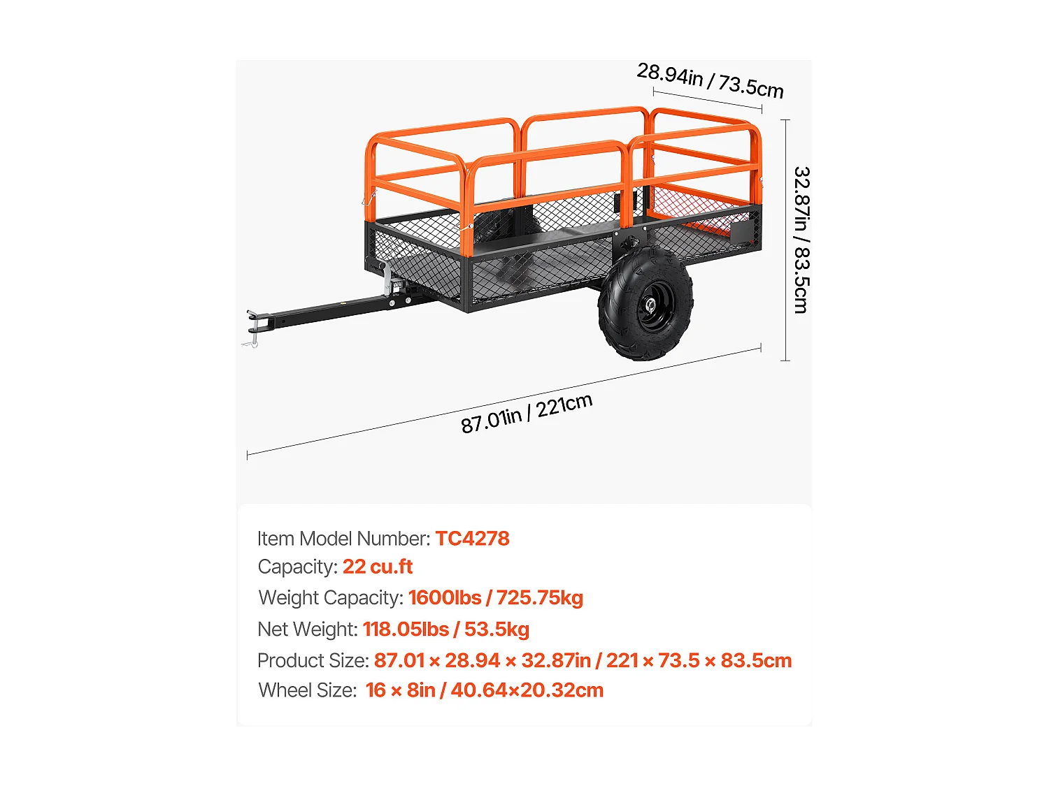 Remorque à Benne Basculante SucceBuy, 623 L, Remorque en Acier pour Tracteur Tondeuse et Jardin, Capacité de Charge 725,75 kg, Équipée de Pneus de 40,64 cm