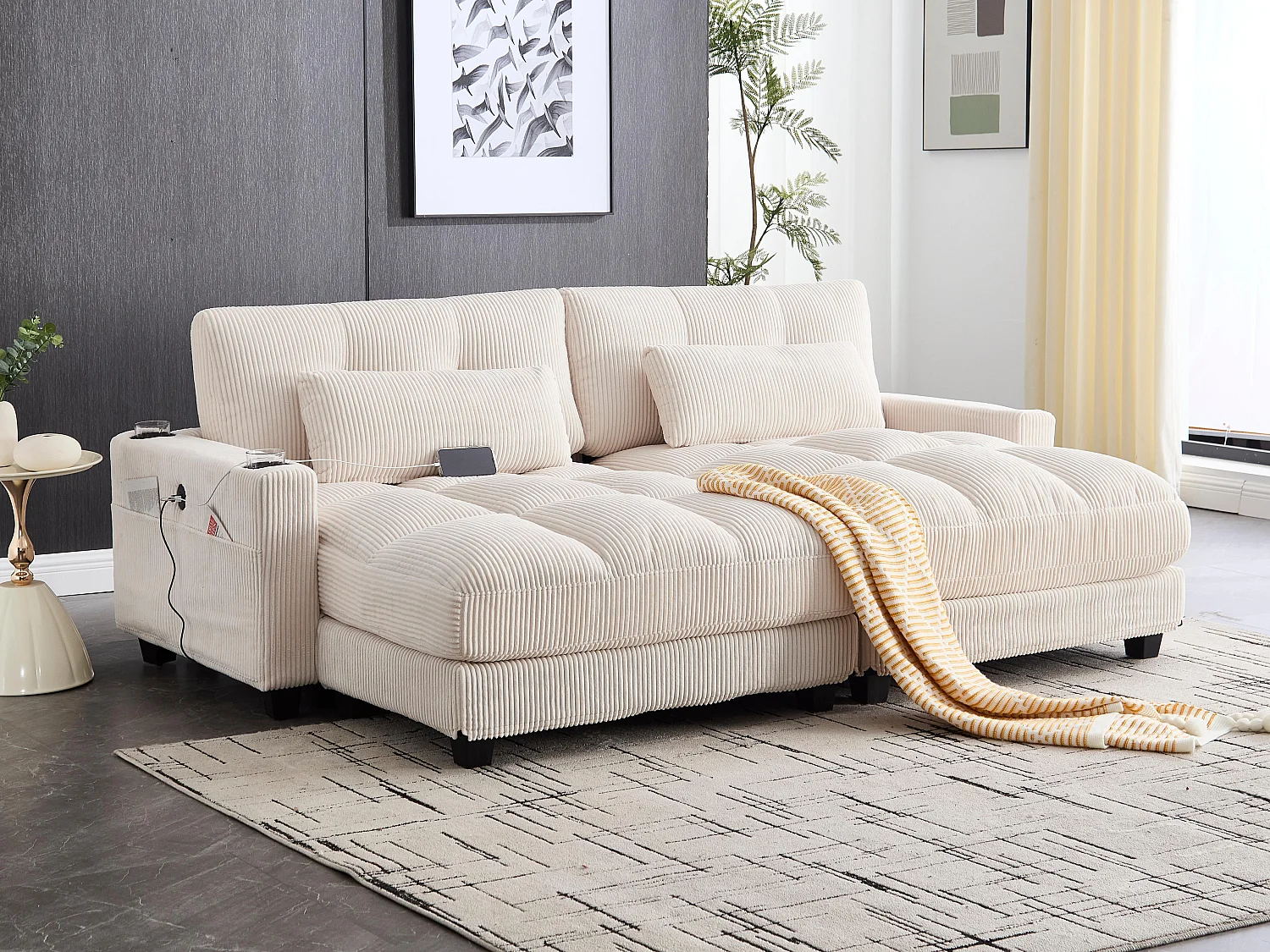 Canapé 2 places modulable en velours beige – avec USB et porte‑gobelet – multifonction pour petit espace - 112x140x81cm