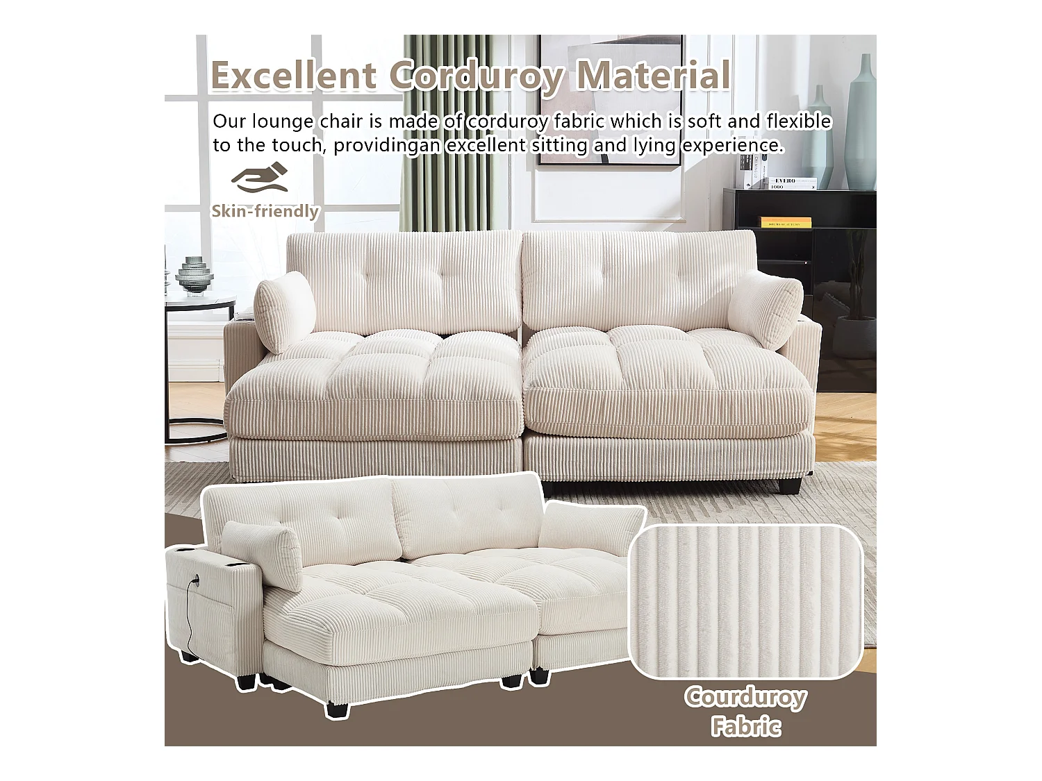 Canapé 2 places modulable en velours beige – avec USB et porte‑gobelet – multifonction pour petit espace - 112x140x81cm