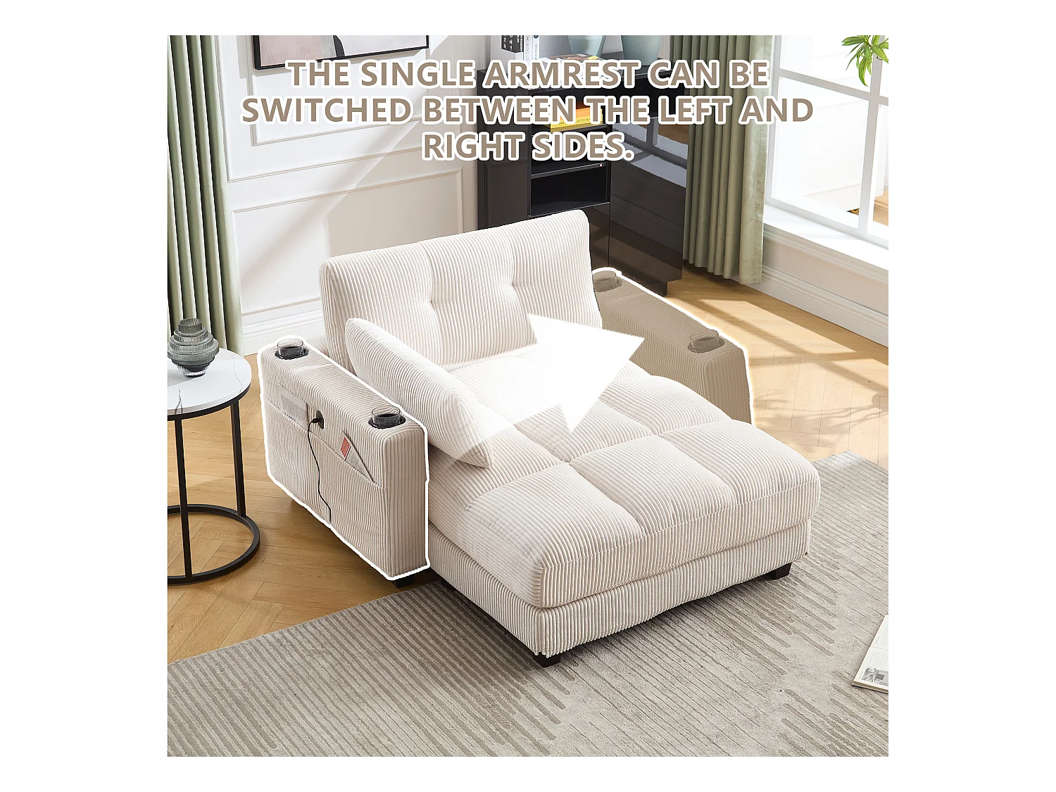 Canapé 2 places modulable en velours beige – avec USB et porte‑gobelet – multifonction pour petit espace - 112x140x81cm