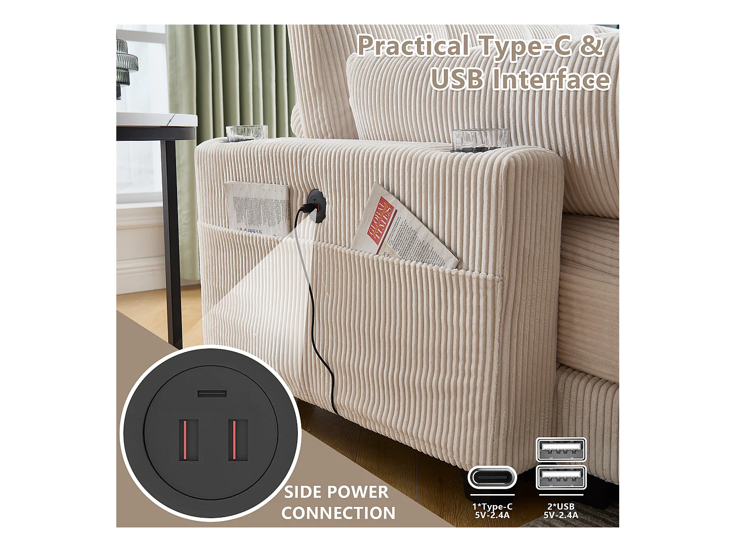 Canapé 2 places modulable en velours beige – avec USB et porte‑gobelet – multifonction pour petit espace - 112x140x81cm