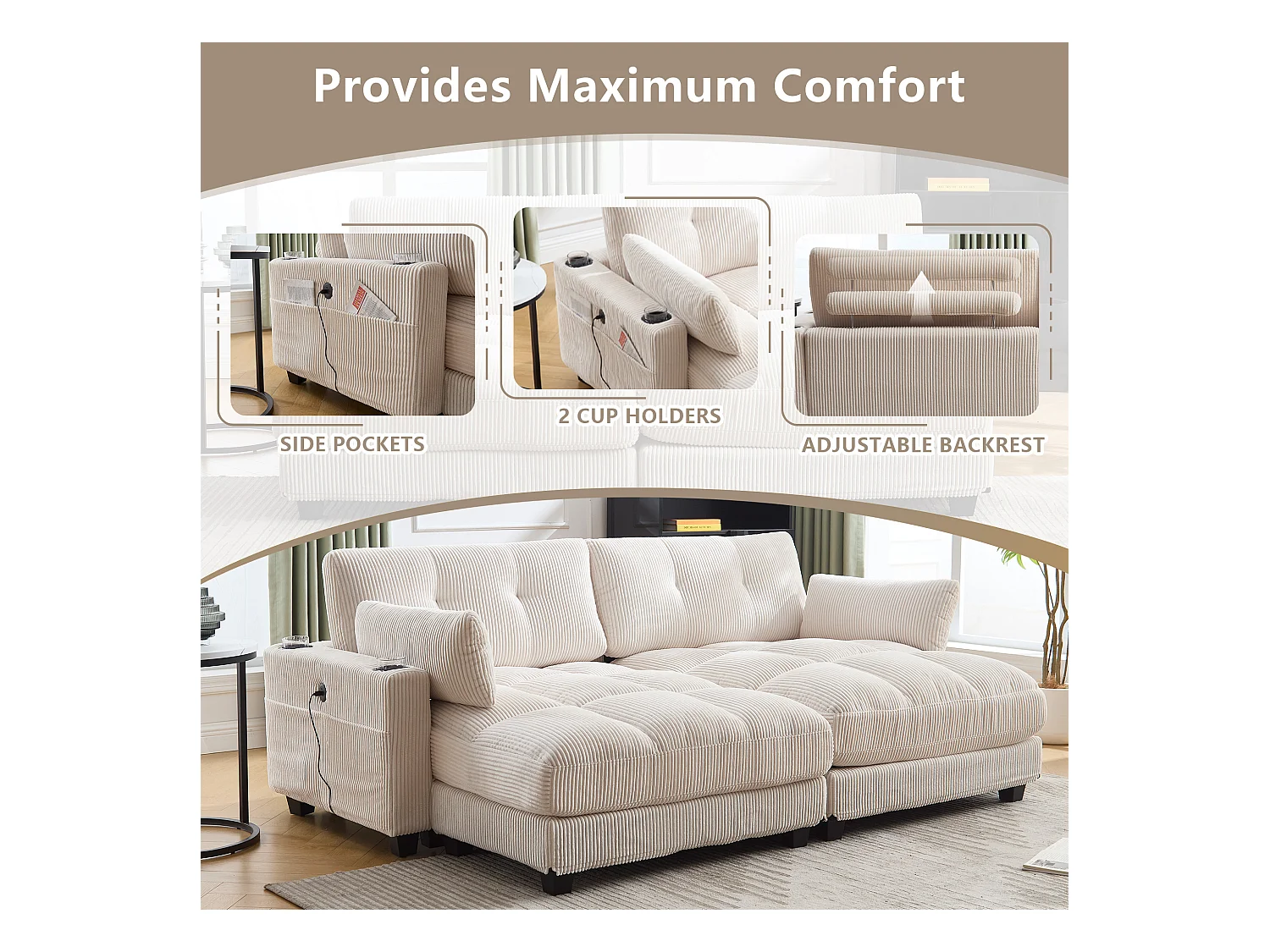 Canapé 2 places modulable en velours beige – avec USB et porte‑gobelet – multifonction pour petit espace - 112x140x81cm