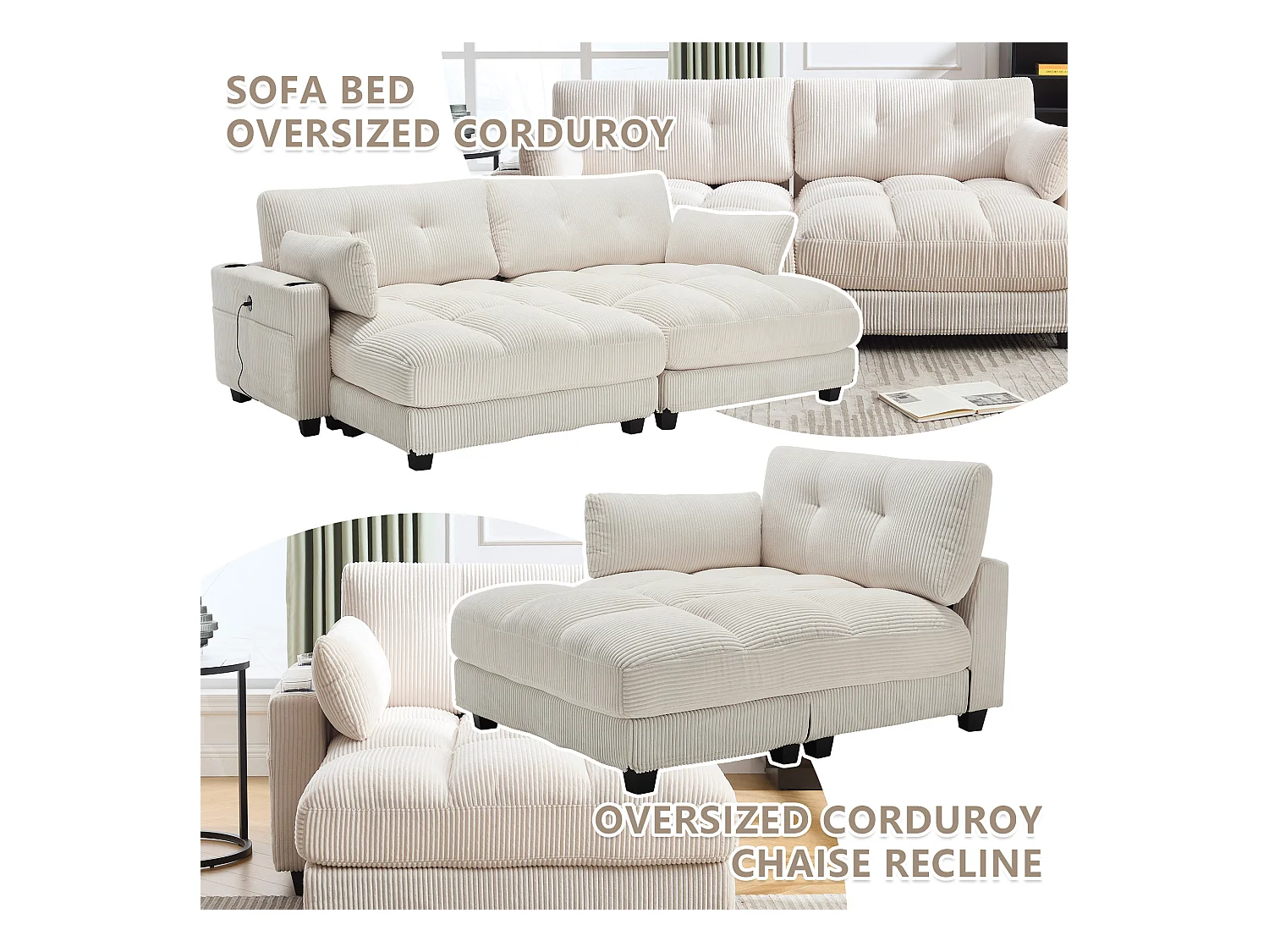 Canapé 2 places modulable en velours beige – avec USB et porte‑gobelet – multifonction pour petit espace - 112x140x81cm