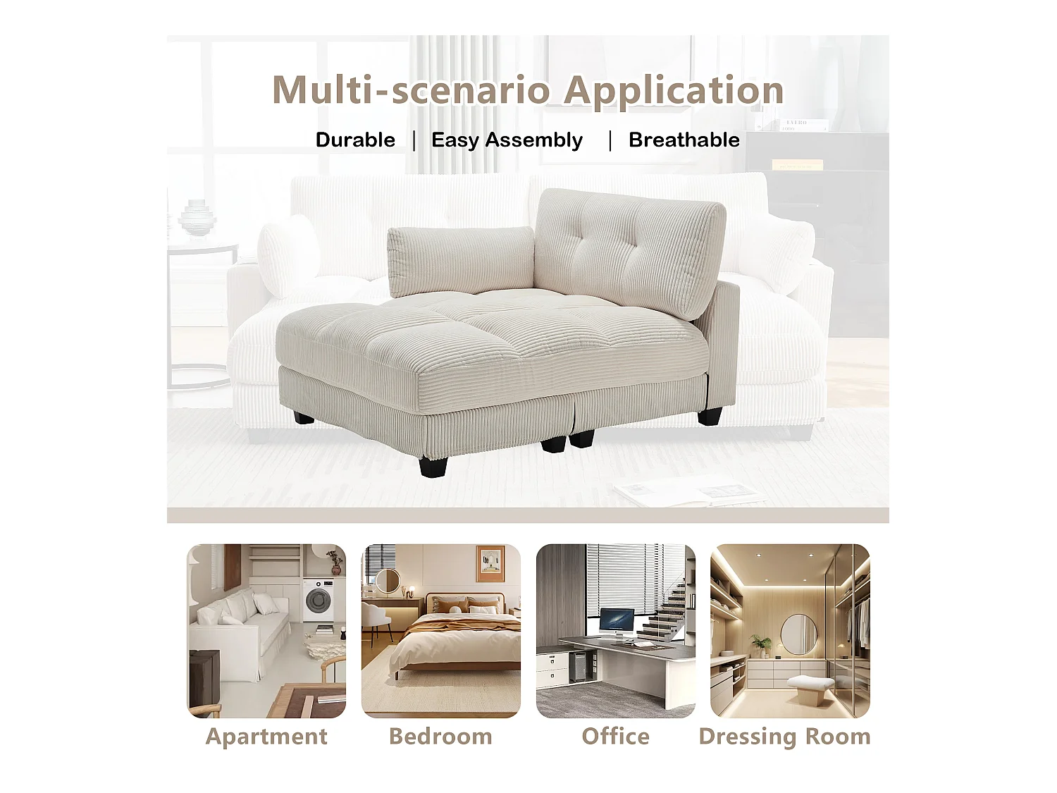 Canapé 2 places modulable en velours beige – avec USB et porte‑gobelet – multifonction pour petit espace - 112x140x81cm