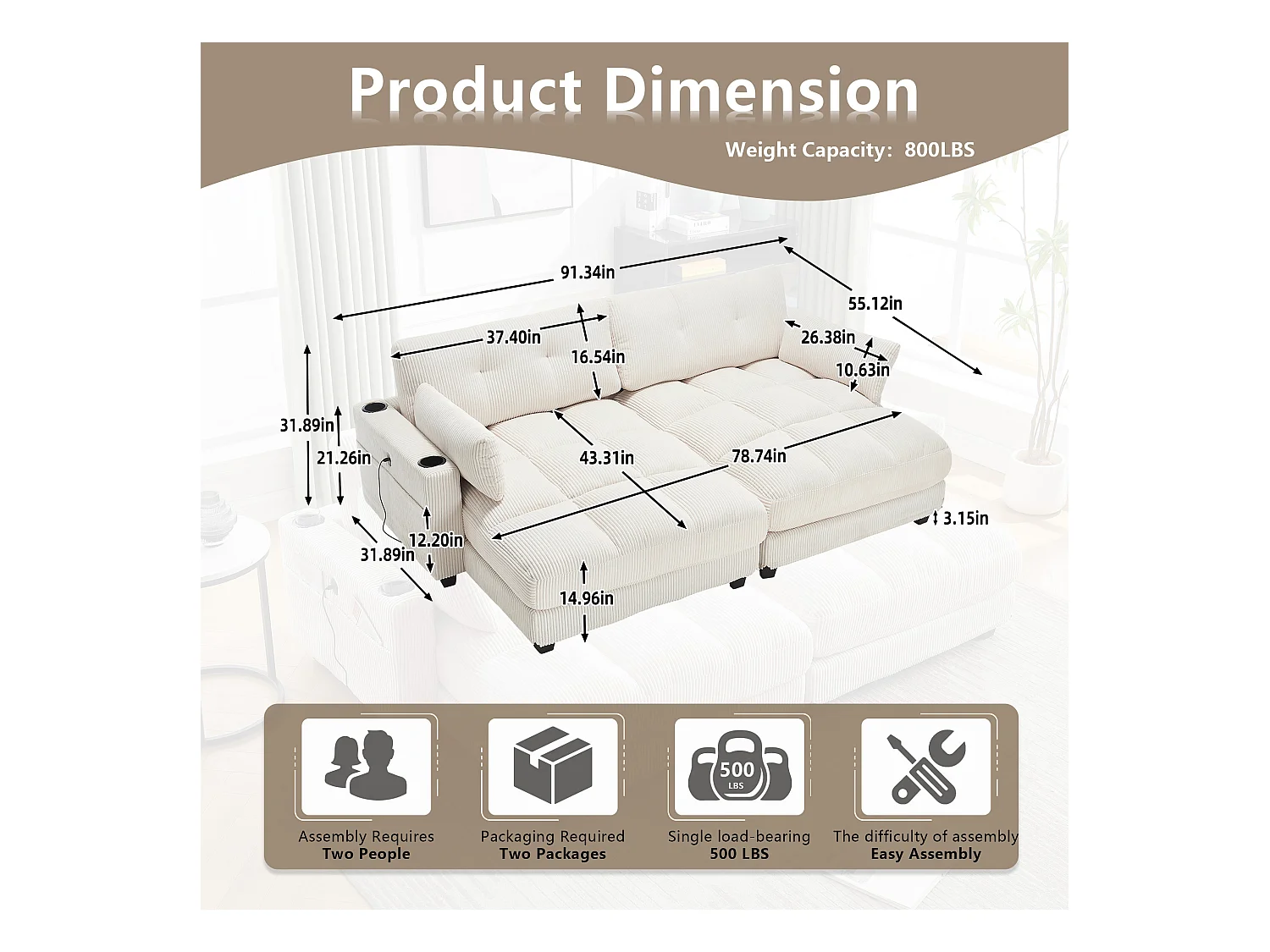 Canapé 2 places modulable en velours beige – avec USB et porte‑gobelet – multifonction pour petit espace - 112x140x81cm