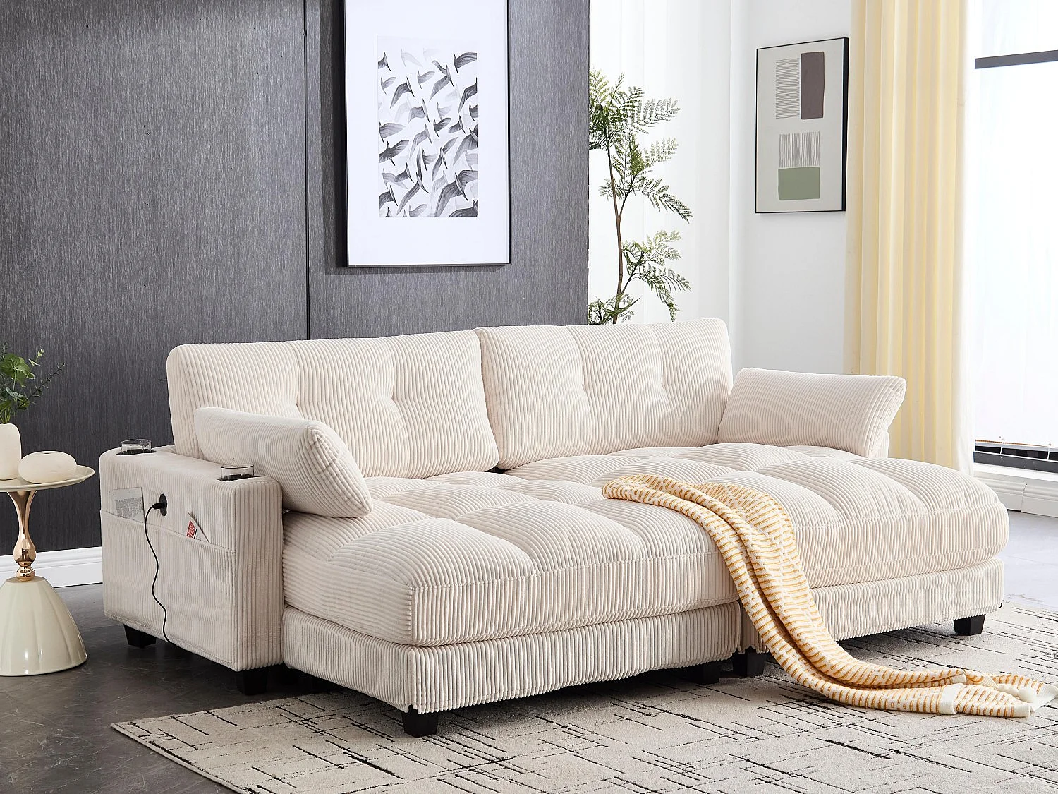 Canapé 2 places modulable en velours beige – avec USB et porte‑gobelet – multifonction pour petit espace - 112x140x81cm