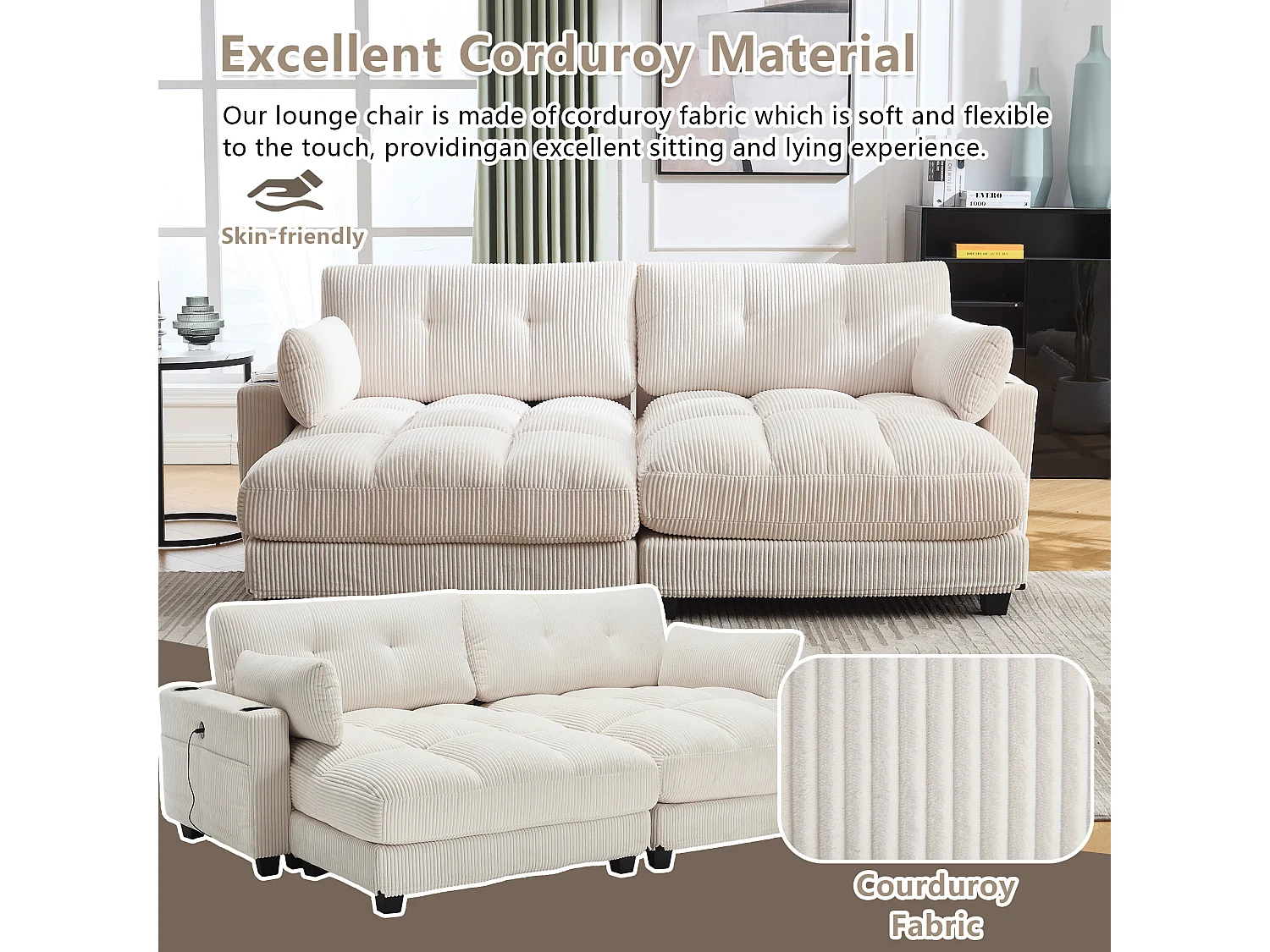 Canapé 2 places modulable en velours beige – avec USB et porte‑gobelet – multifonction pour petit espace - 112x140x81cm