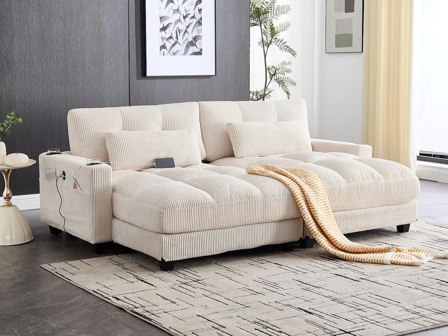 Canapé 2 places modulable en velours beige – avec USB et porte‑gobelet – multifonction pour petit espace - 112x140x81cm