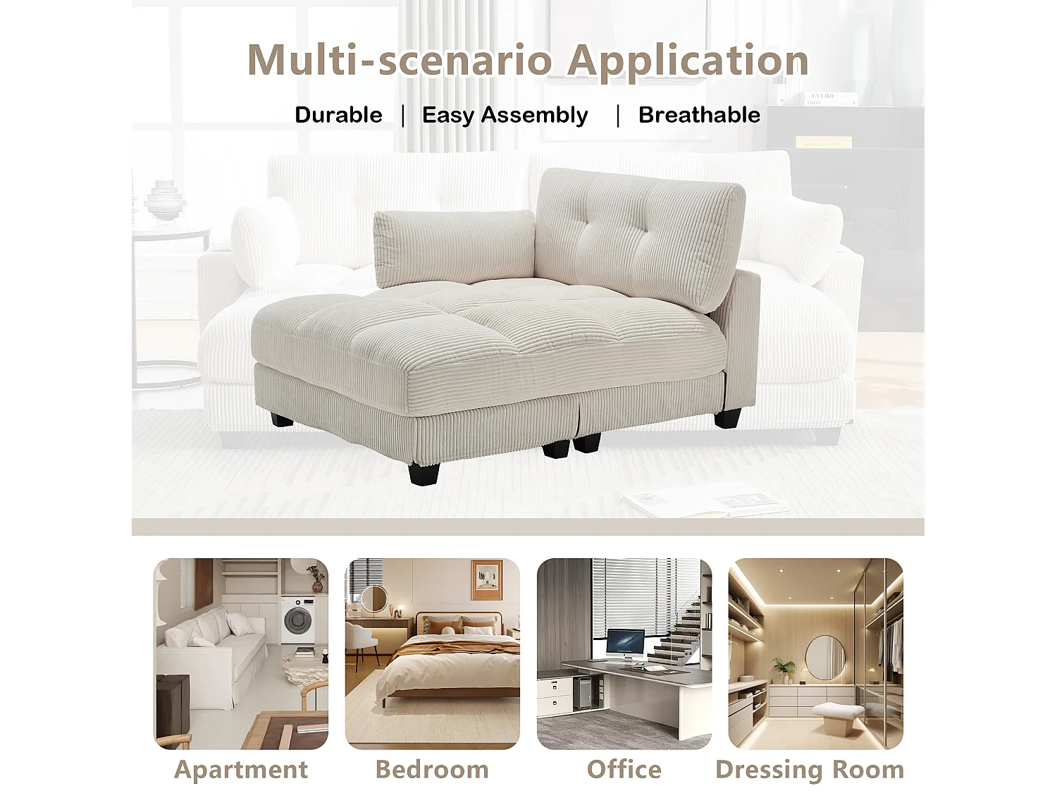 Canapé 2 places modulable en velours beige – avec USB et porte‑gobelet – multifonction pour petit espace - 112x140x81cm