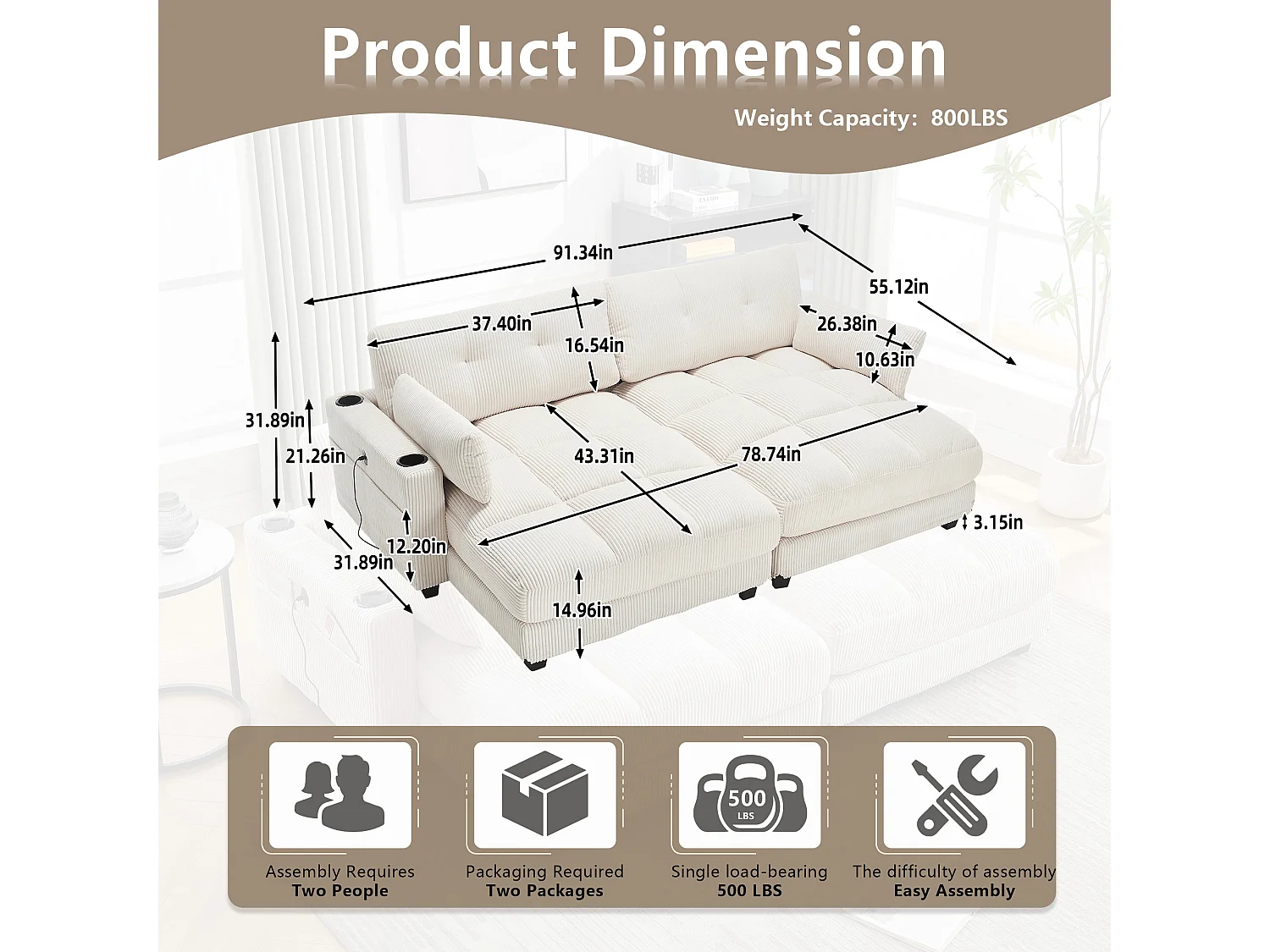 Canapé 2 places modulable en velours beige – avec USB et porte‑gobelet – multifonction pour petit espace - 112x140x81cm