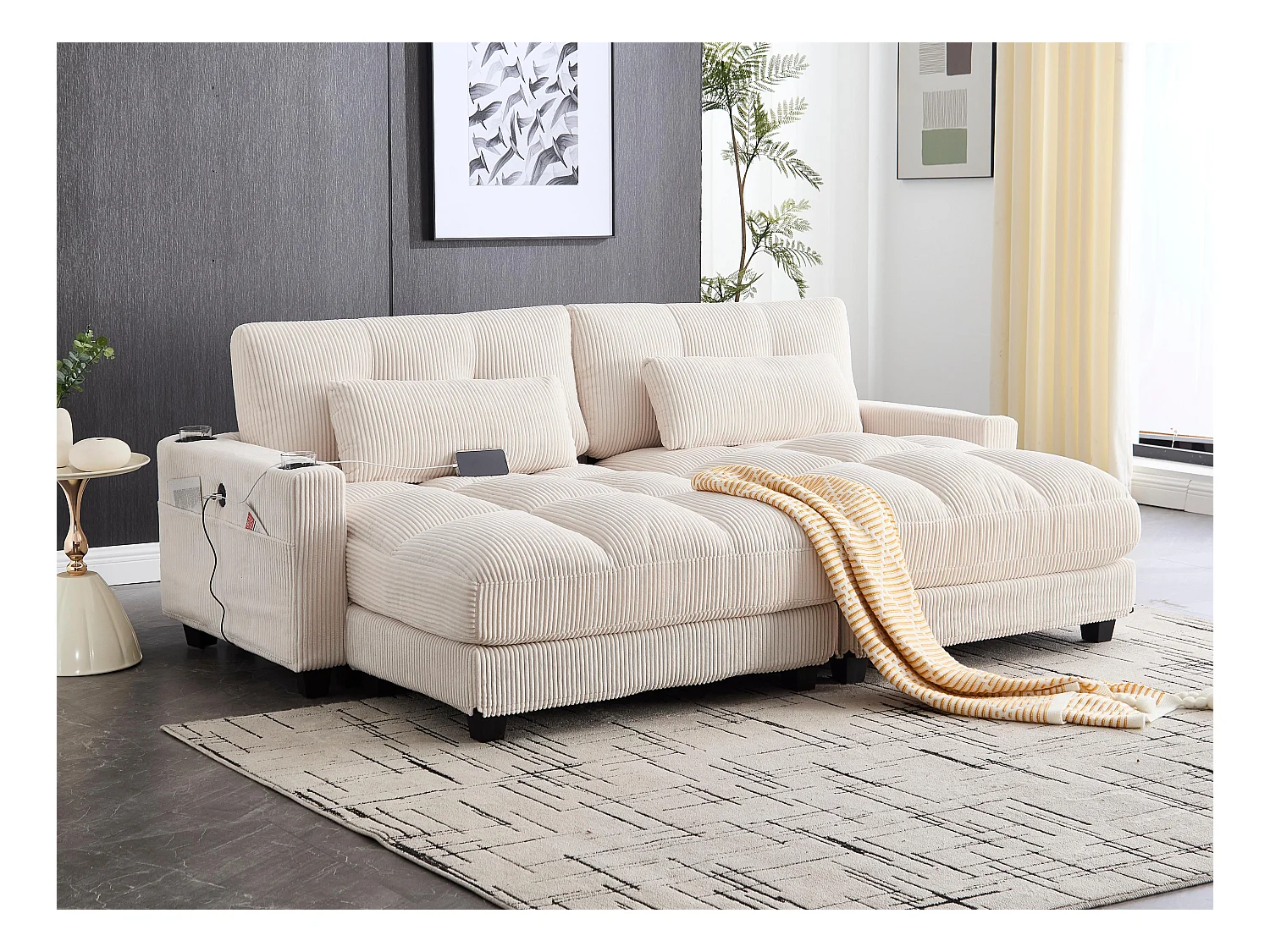 Canapé 2 places modulable en velours beige – avec USB et porte‑gobelet – multifonction pour petit espace - 112x140x81cm