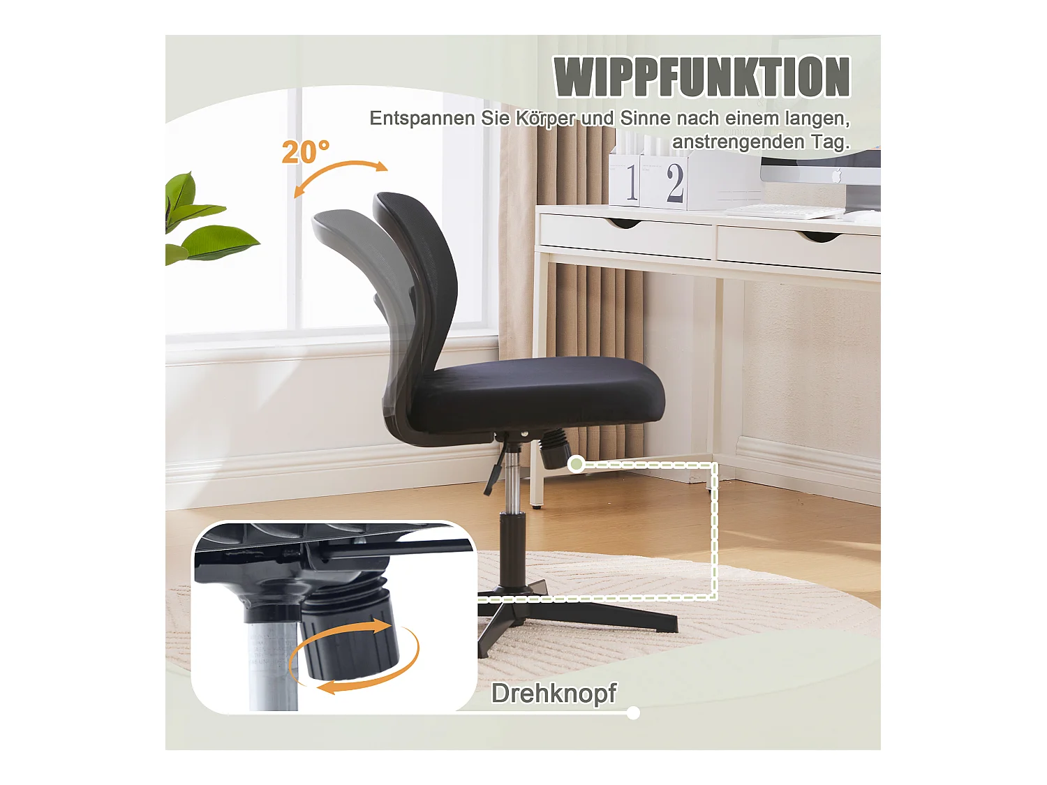 Fauteuil pivotant — réglable en hauteur — avec assise en velours noir — dossier ergonomique