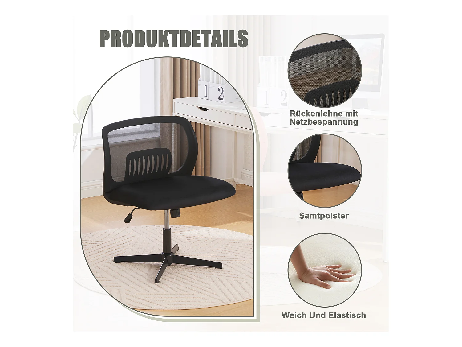 Fauteuil pivotant — réglable en hauteur — avec assise en velours noir — dossier ergonomique