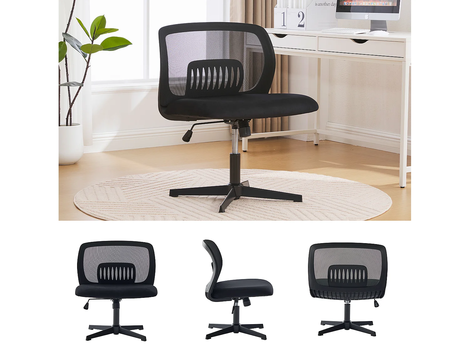 Fauteuil pivotant — réglable en hauteur — avec assise en velours noir — dossier ergonomique