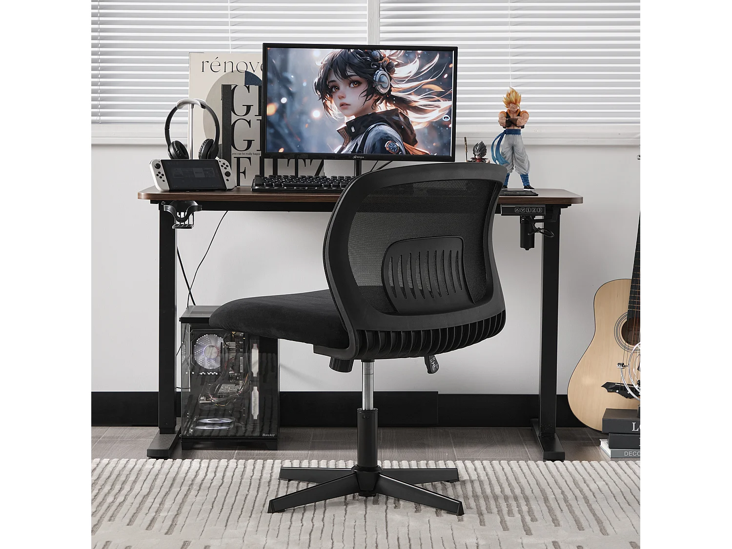 Fauteuil pivotant — réglable en hauteur — avec assise en velours noir — dossier ergonomique