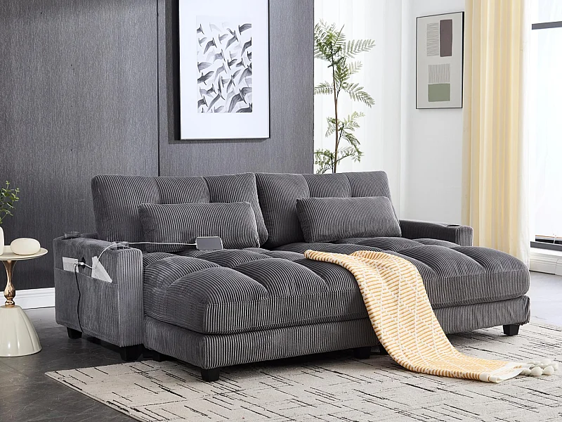 Modulaire 2-zitsbank in beige fluweel - met USB en bekerhouder - multifunctioneel voor kleine ruimtes - 112x140x81cm