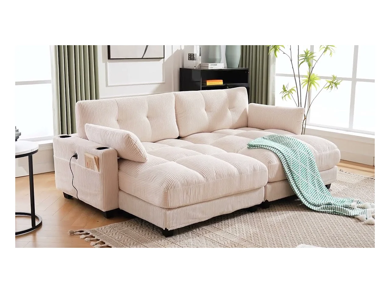 Canapé 2 places modulable en velours beige – avec USB et porte‑gobelet – multifonction pour petit espace - 112x140x81cm