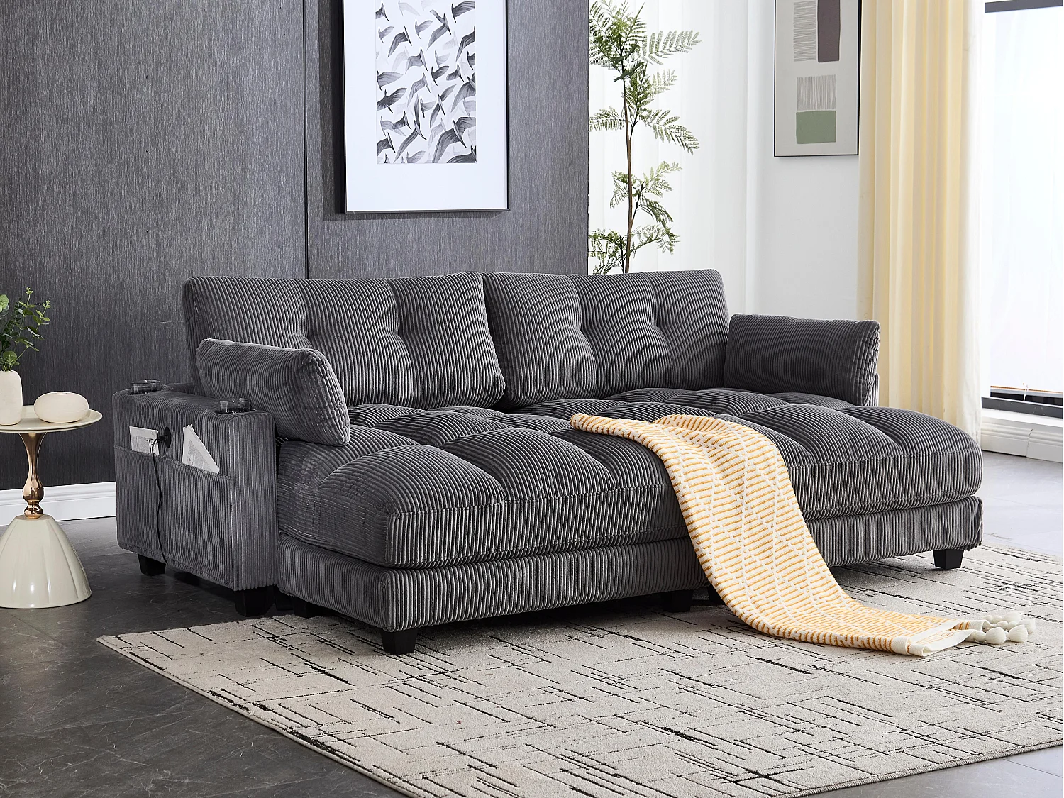 Canapé 2 places modulable en velours beige – avec USB et porte‑gobelet – multifonction pour petit espace - 112x140x81cm