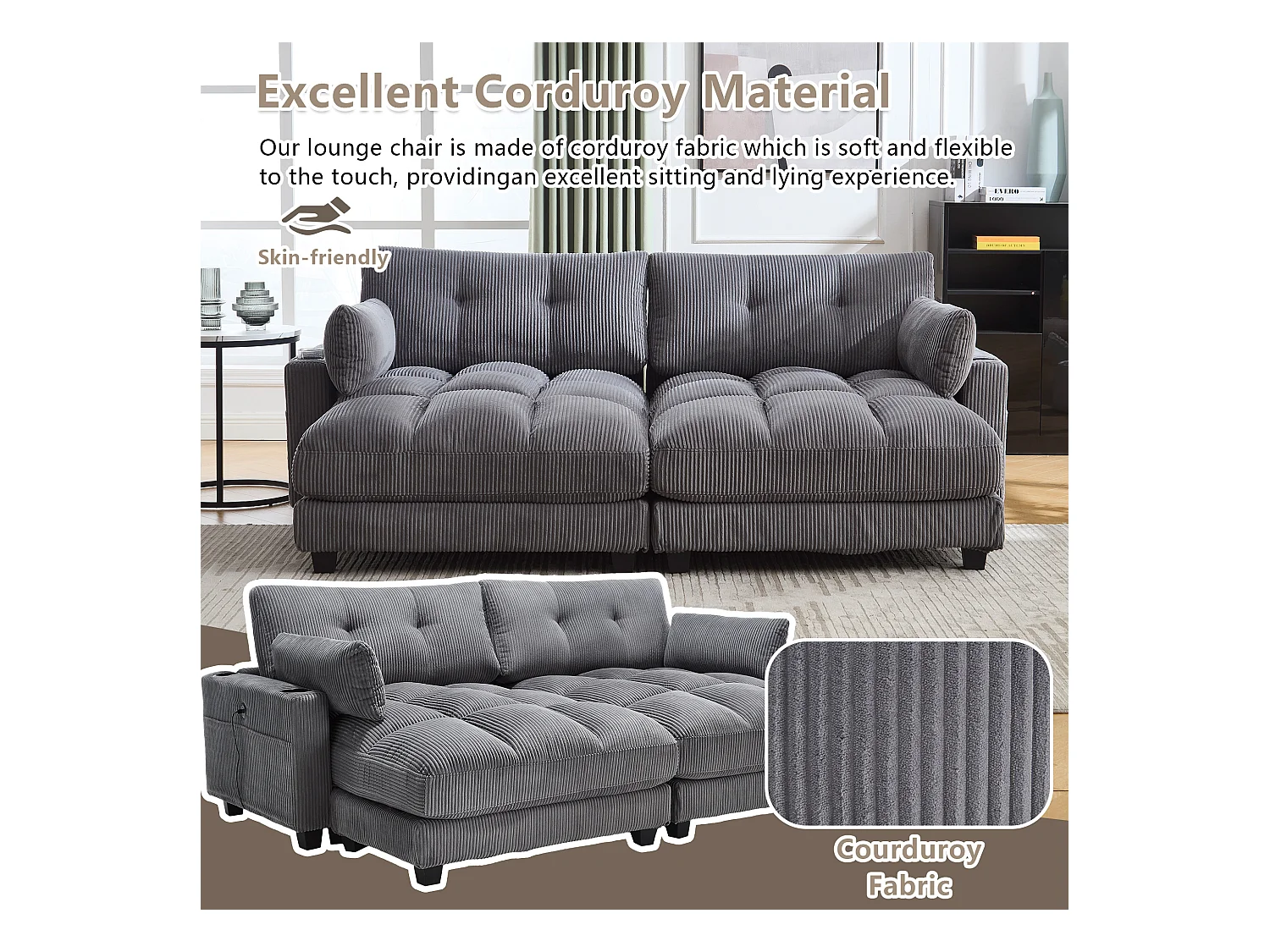 Canapé 2 places modulable en velours beige – avec USB et porte‑gobelet – multifonction pour petit espace - 112x140x81cm