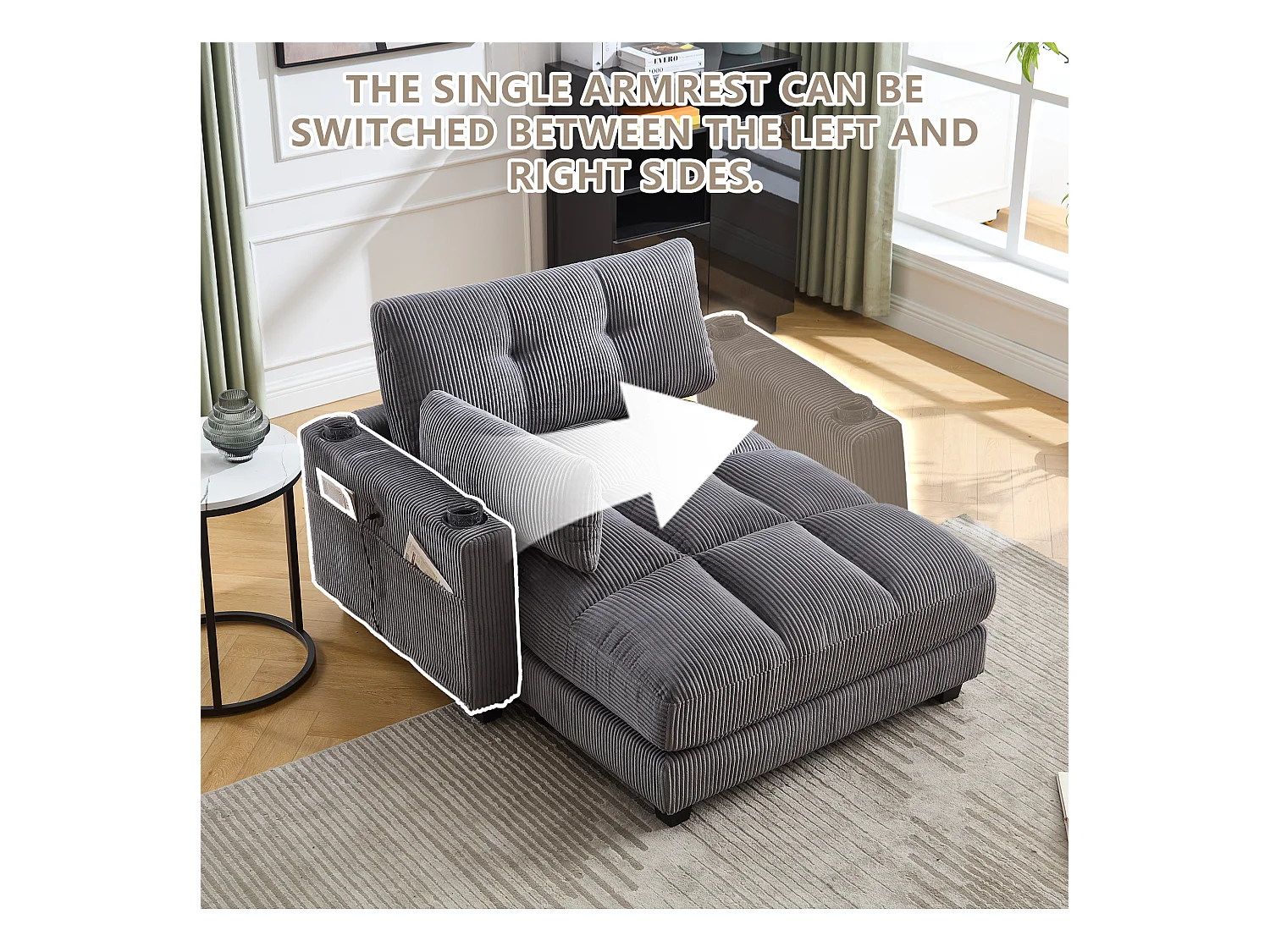 Canapé 2 places modulable en velours beige – avec USB et porte‑gobelet – multifonction pour petit espace - 112x140x81cm