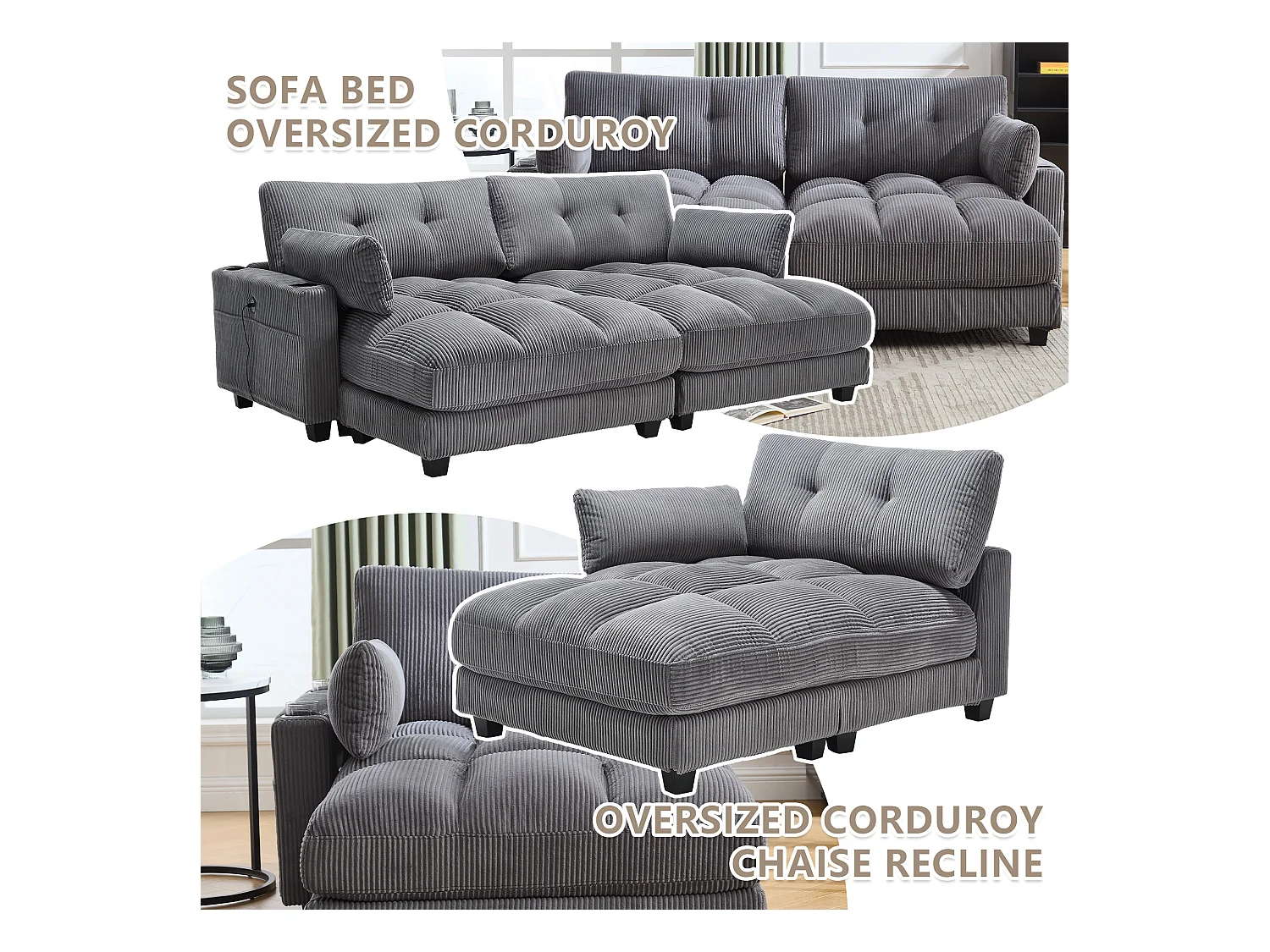 Canapé 2 places modulable en velours beige – avec USB et porte‑gobelet – multifonction pour petit espace - 112x140x81cm