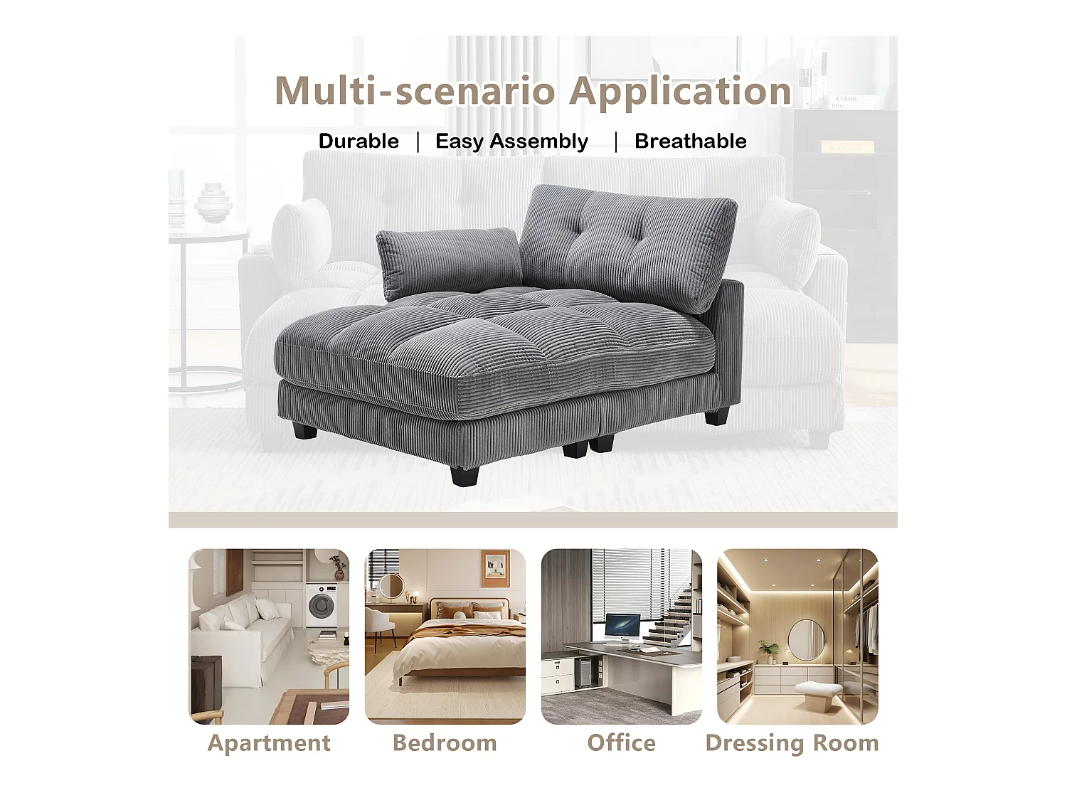 Canapé 2 places modulable en velours beige – avec USB et porte‑gobelet – multifonction pour petit espace - 112x140x81cm