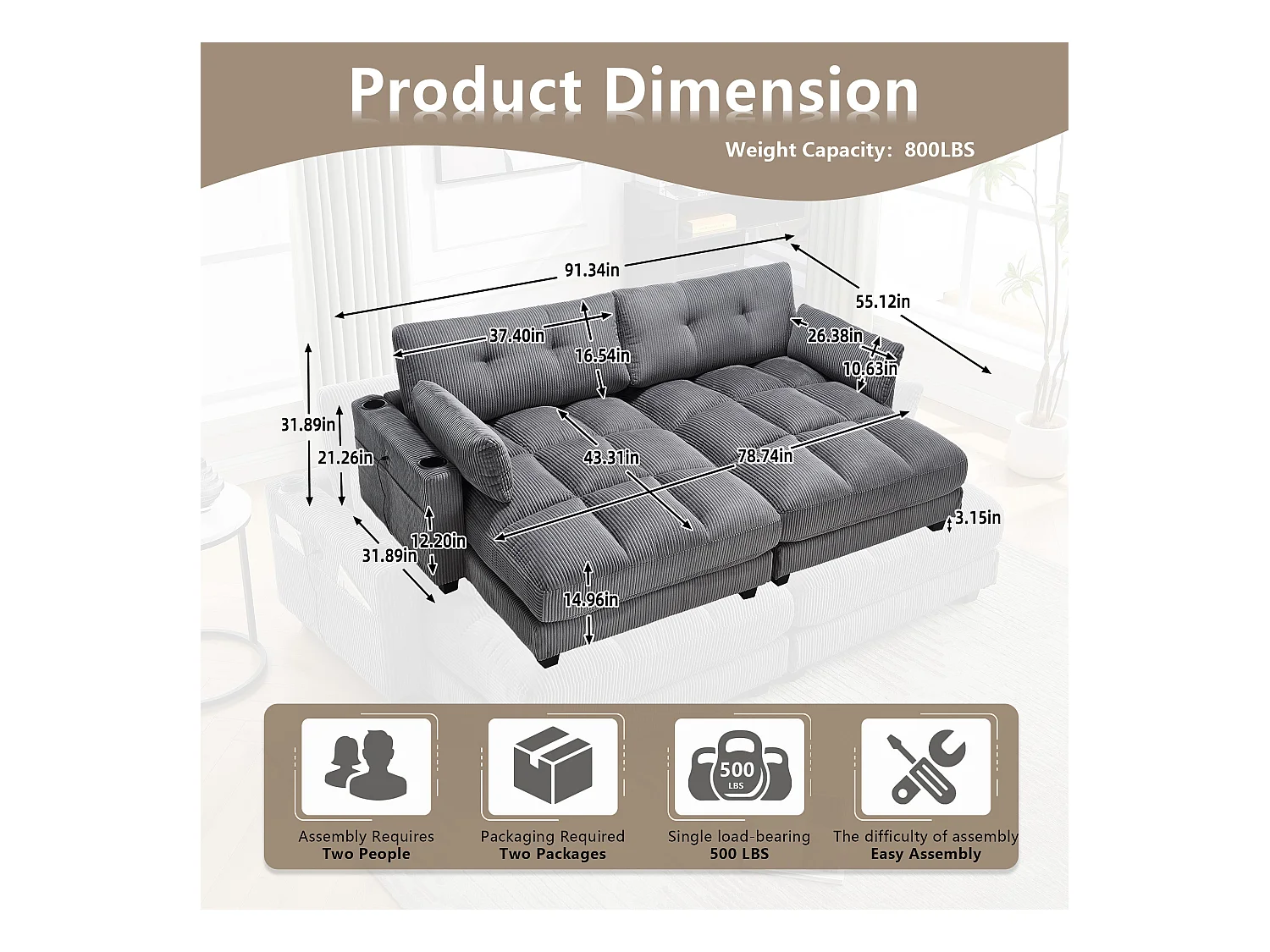 Canapé 2 places modulable en velours beige – avec USB et porte‑gobelet – multifonction pour petit espace - 112x140x81cm