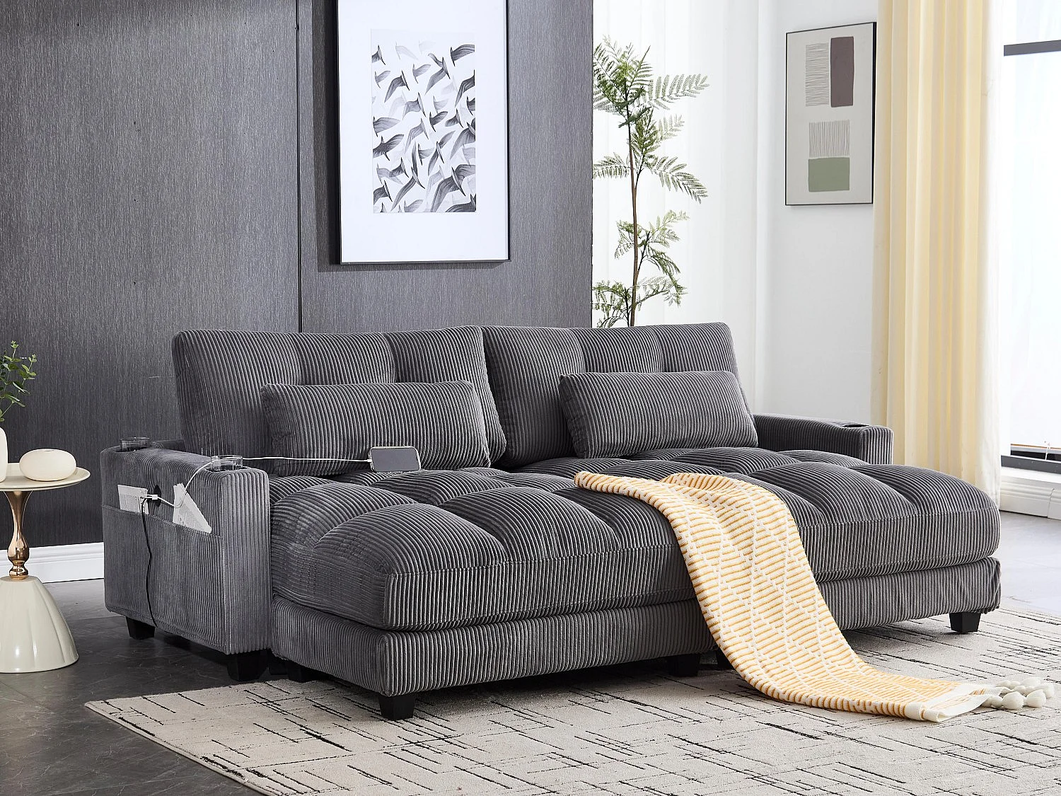 Canapé 2 places modulable en velours beige – avec USB et porte‑gobelet – multifonction pour petit espace - 112x140x81cm