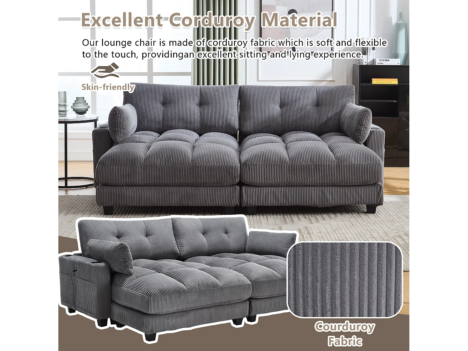 Canapé 2 places modulable en velours beige – avec USB et porte‑gobelet – multifonction pour petit espace - 112x140x81cm