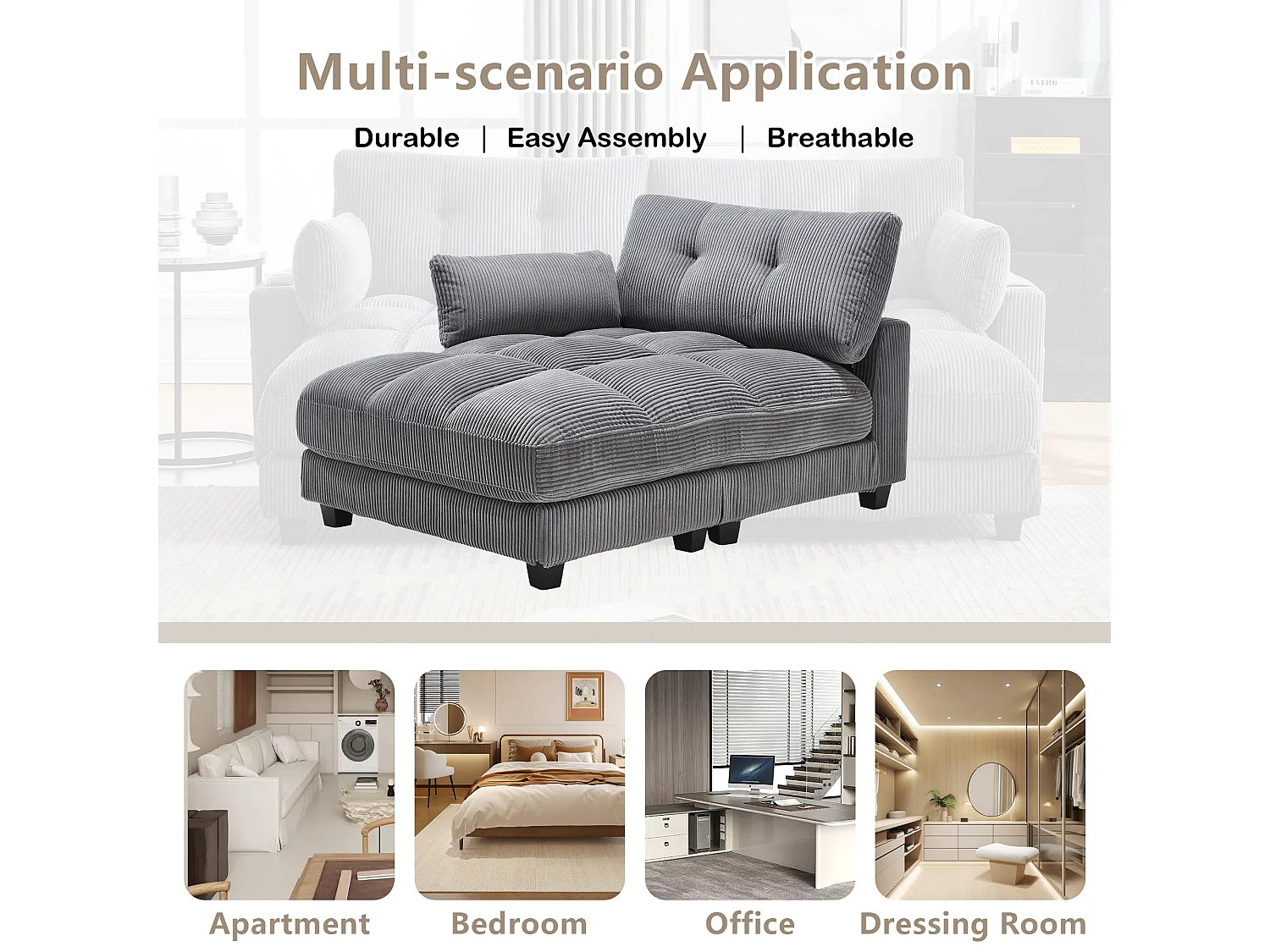 Canapé 2 places modulable en velours beige – avec USB et porte‑gobelet – multifonction pour petit espace - 112x140x81cm