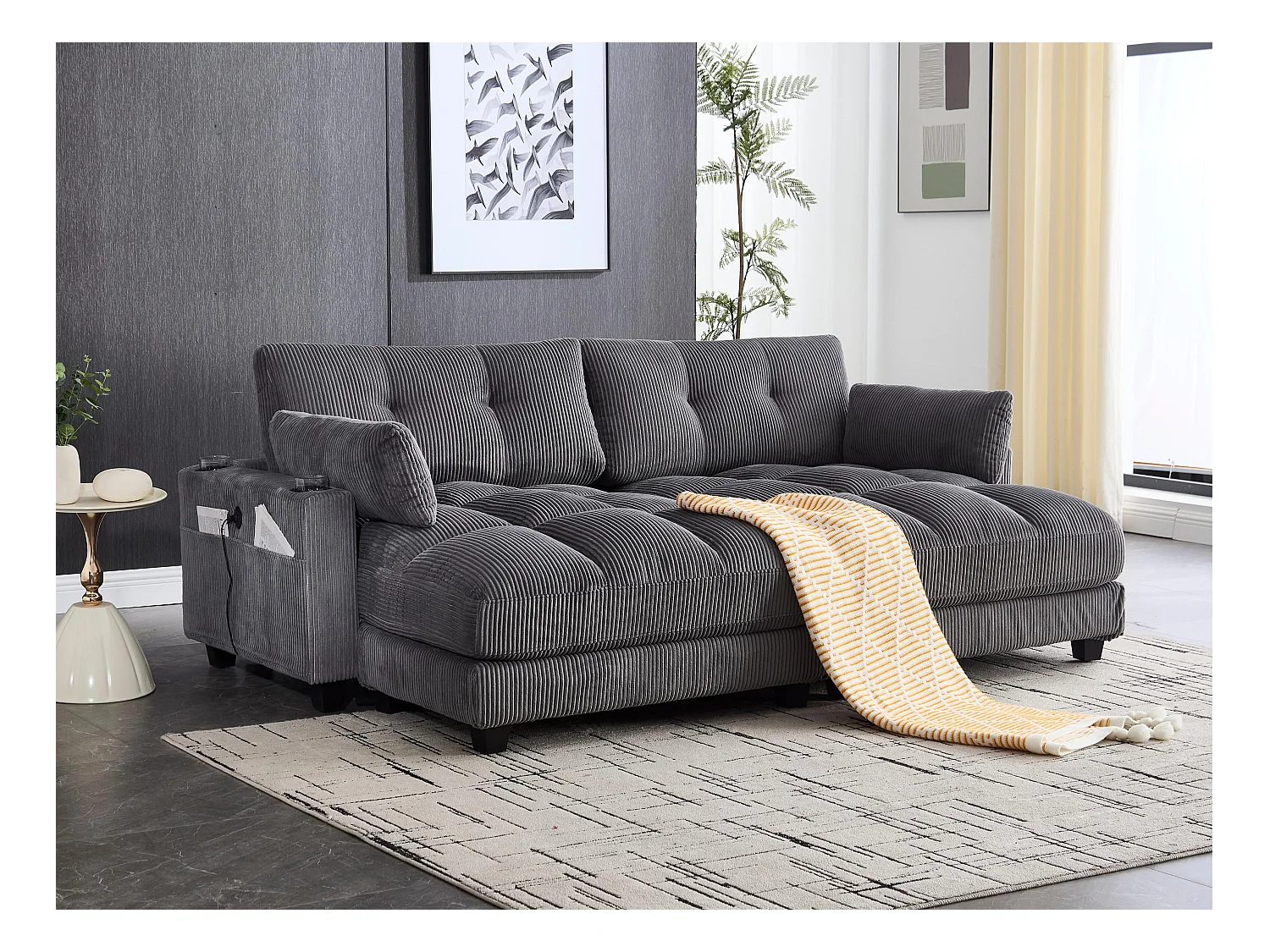 Canapé 2 places modulable en velours beige – avec USB et porte‑gobelet – multifonction pour petit espace - 112x140x81cm