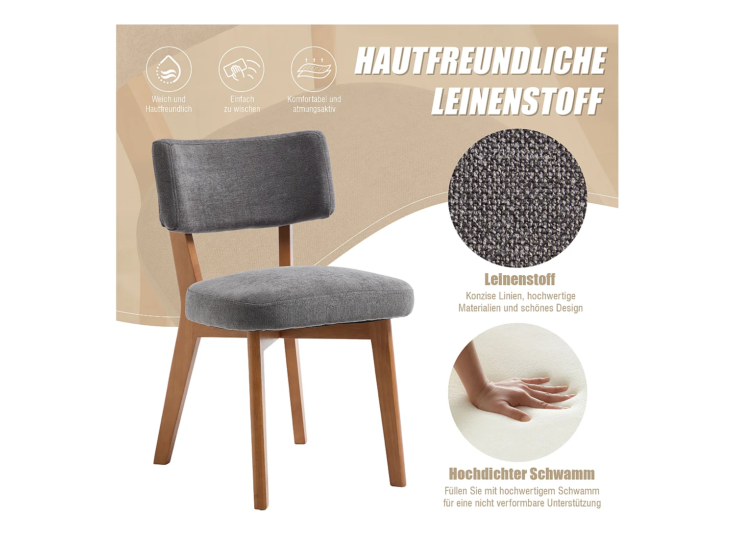 Lot de 2 chaises en bois - coussin gris - élégantes et confortables - parfaites pour salle à manger ou cuisine