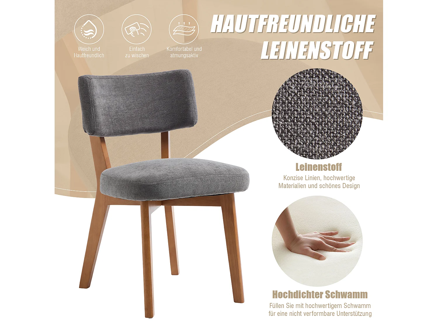 Lot de 2 chaises en bois - coussin gris - élégantes et confortables - parfaites pour salle à manger ou cuisine