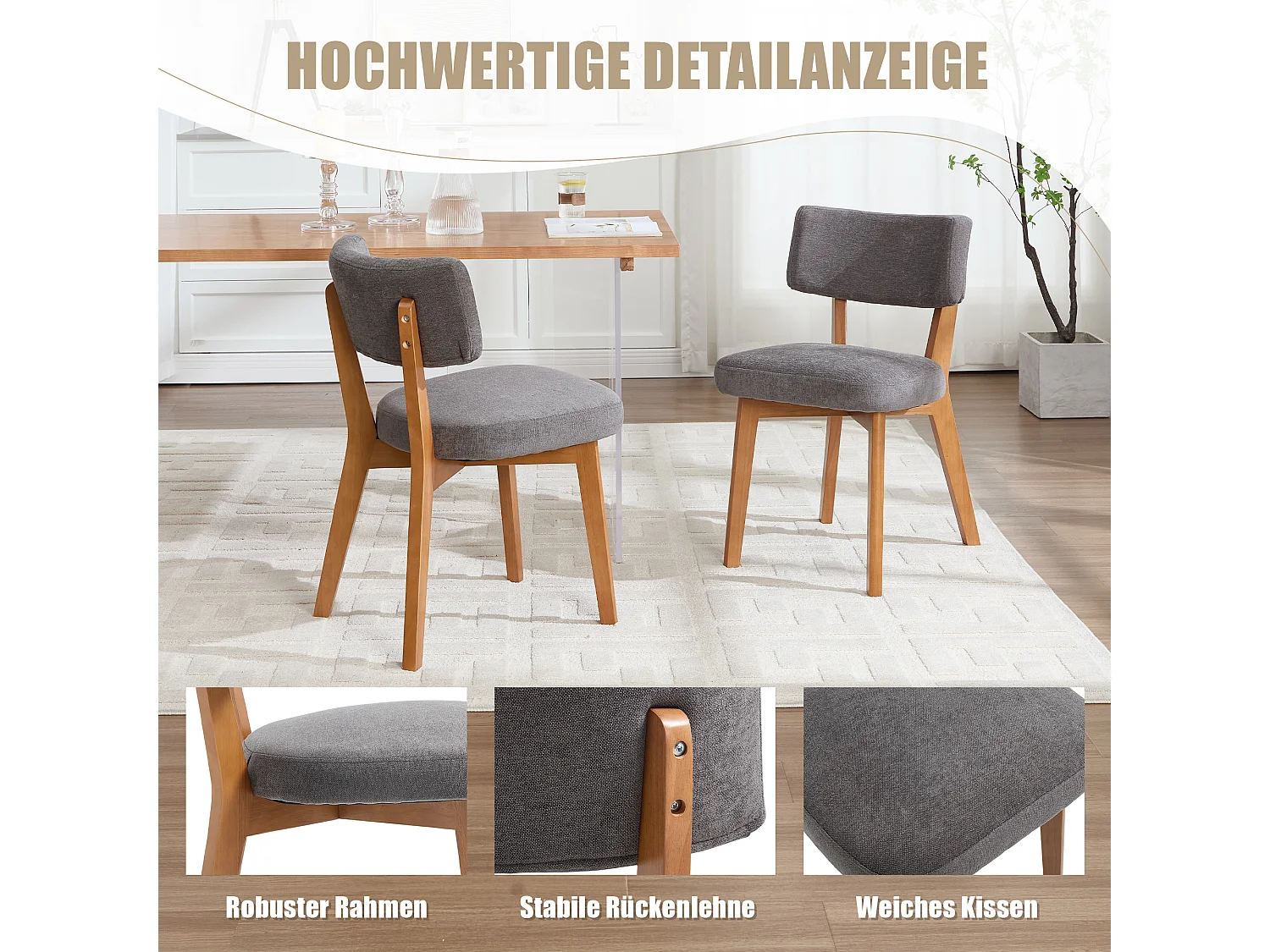 Lot de 2 chaises en bois - coussin gris - élégantes et confortables - parfaites pour salle à manger ou cuisine