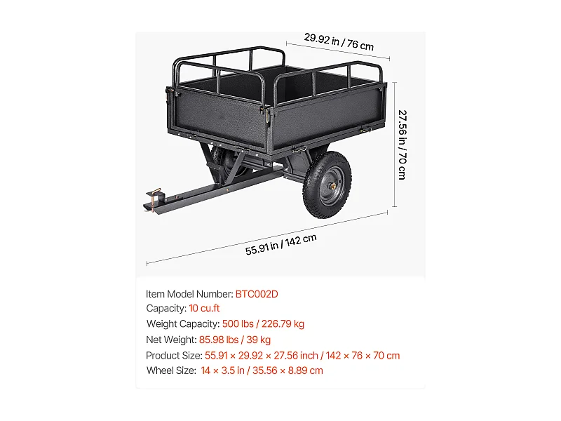 Kippanhänger SucceBuy, 283 L, Stahlanhänger für Rasenmähtraktor und Garten, Tragfähigkeit 226,8 kg, Ausgestattet mit 35,56 cm Reifen
