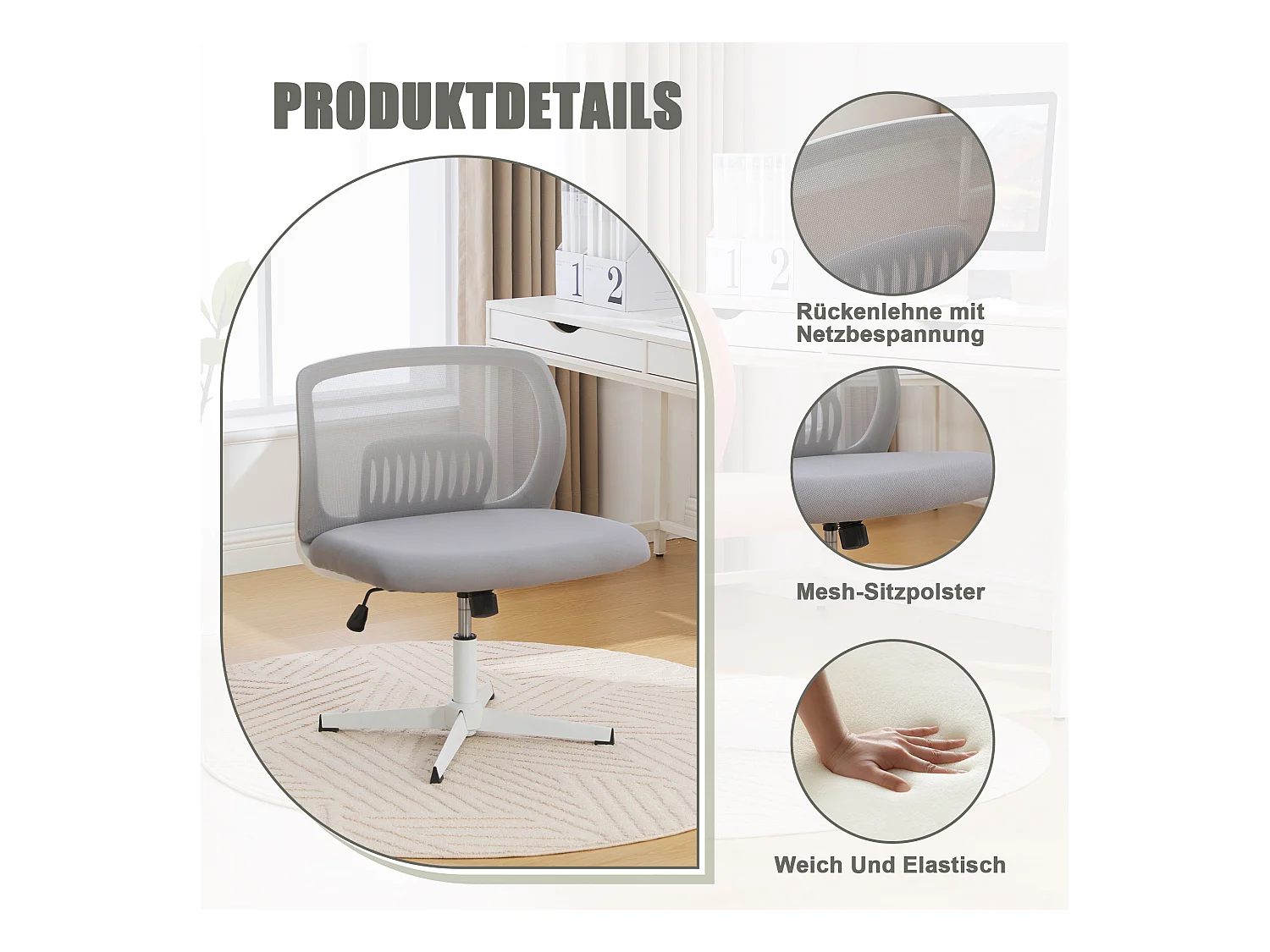 Fauteuil pivotant — réglable en hauteur — mesh gris respirant — dossier ergonomique