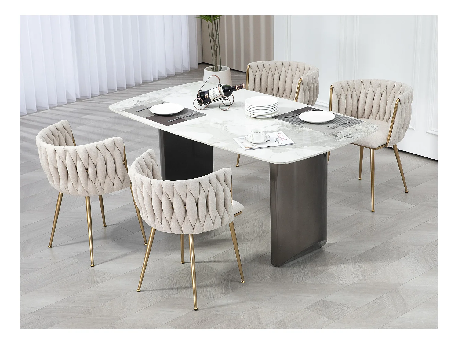 Set van 4 schelpstoelen met rieten rugleuningen en gouden poten - Beige - Bohemian Elegance