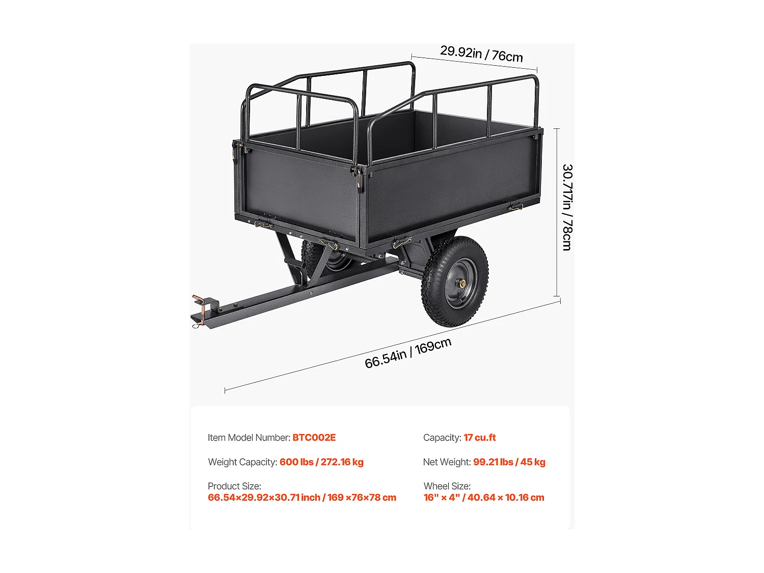 Remorque à Benne Basculante SucceBuy 481 L, Idéale pour Tracteurs Tondeuses et Équipements de Jardin, Capacité de Charge de 272 kg, Structure en Acier Robuste