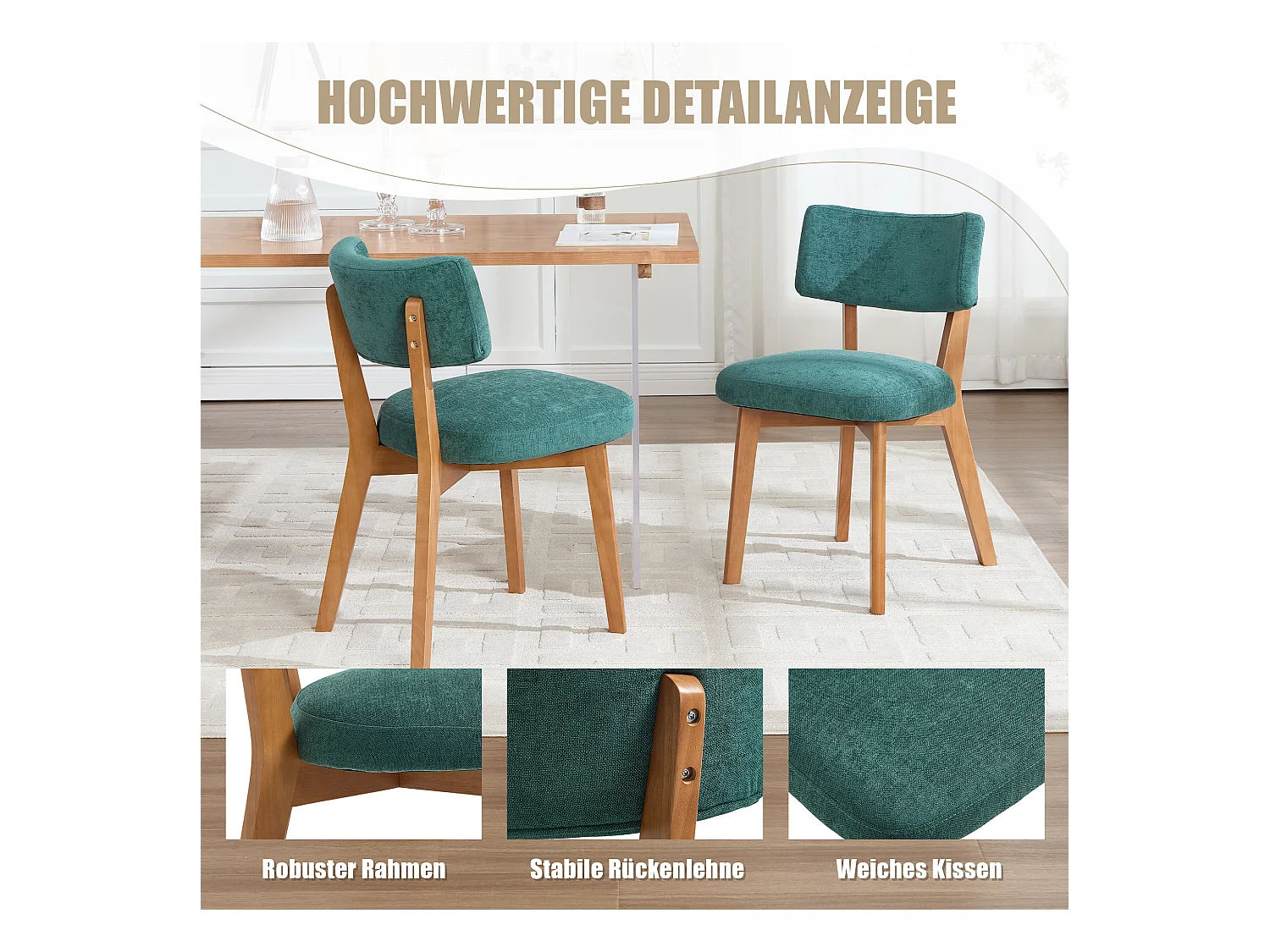 Lot de 4 chaises en bois - coussin vert - élégantes et confortables - parfaites pour salle à manger ou cuisine