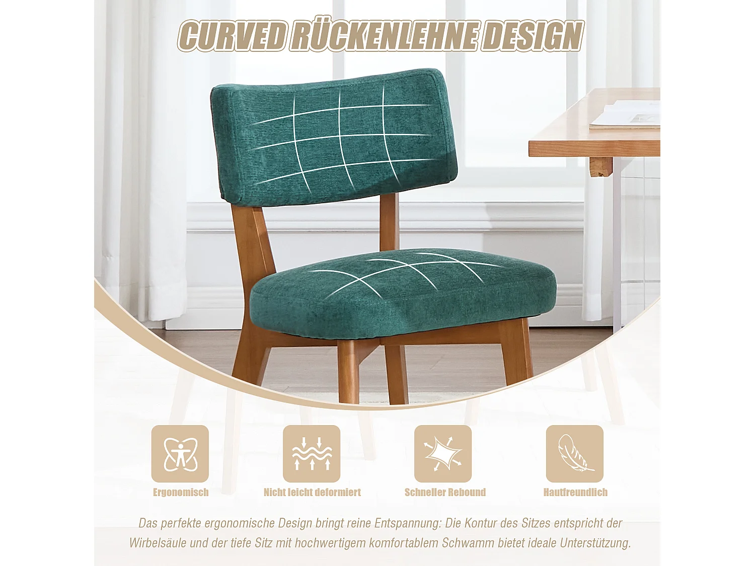 Lot de 4 chaises en bois - coussin vert - élégantes et confortables - parfaites pour salle à manger ou cuisine