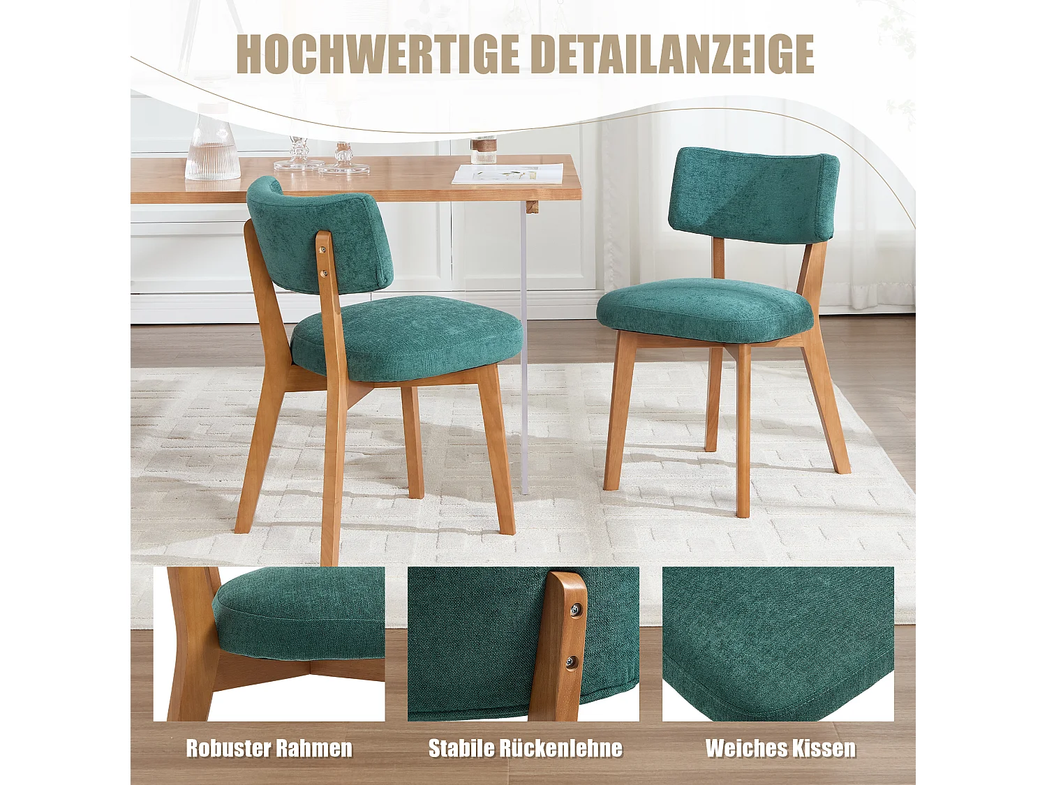 Lot de 4 chaises en bois - coussin vert - élégantes et confortables - parfaites pour salle à manger ou cuisine