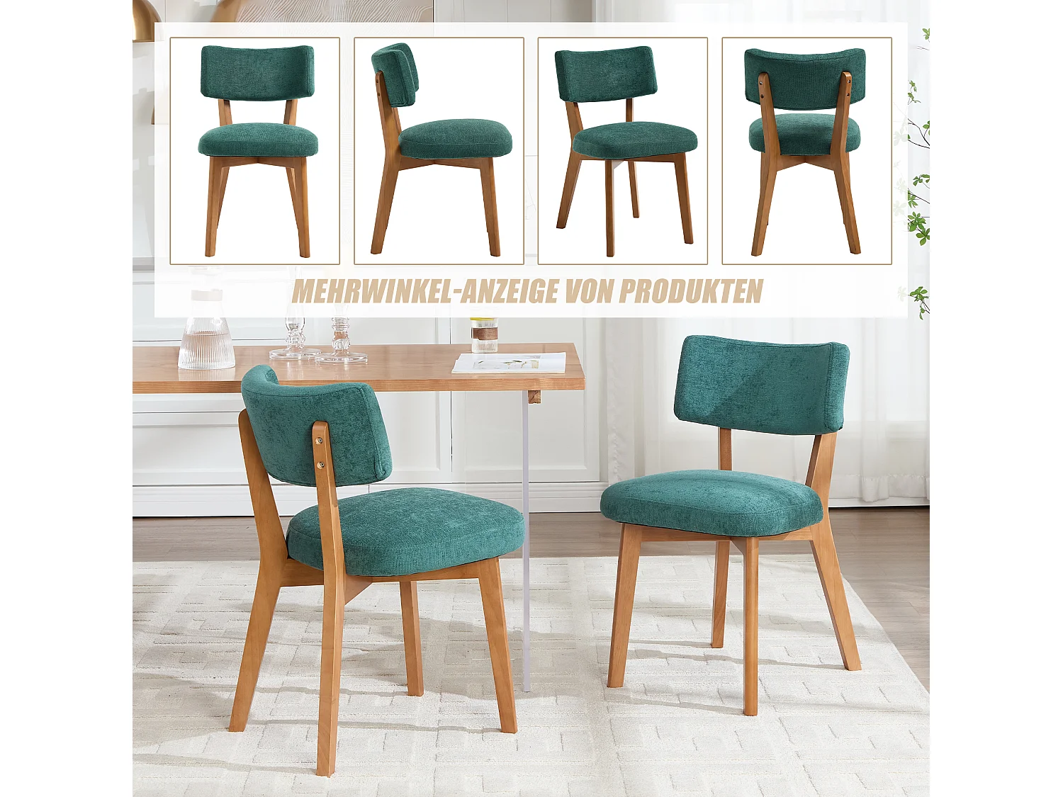 Lot de 4 chaises en bois - coussin vert - élégantes et confortables - parfaites pour salle à manger ou cuisine