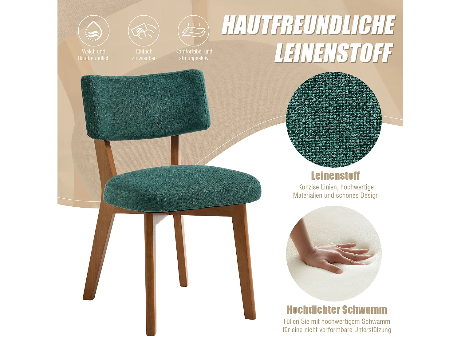 Lot de 4 chaises en bois - coussin vert - élégantes et confortables - parfaites pour salle à manger ou cuisine