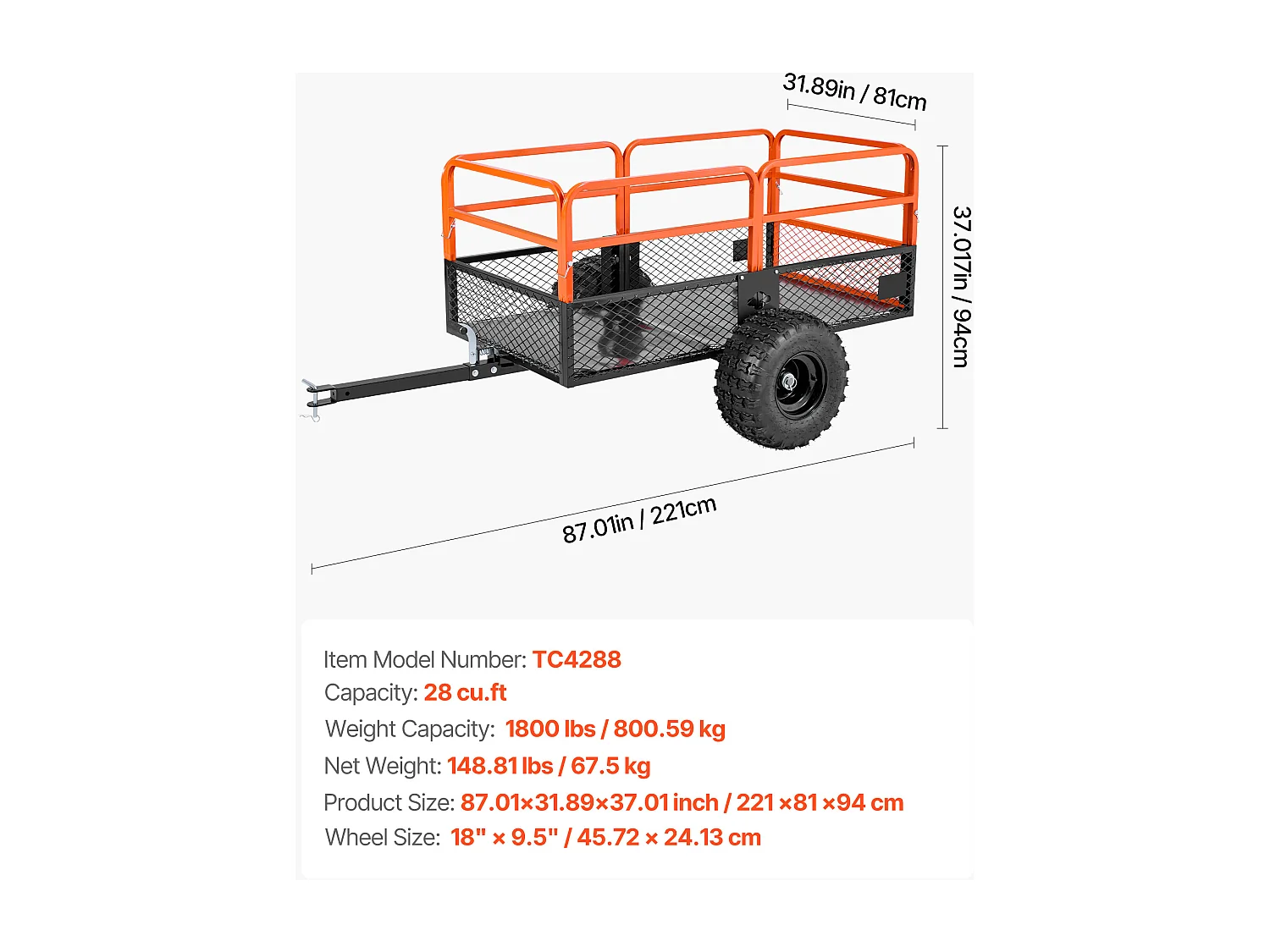 Remorque à Benne Basculante SucceBuy, 793 L, Remorque en Acier pour Tracteur Tondeuse et Jardin, Capacité de Charge 800,6 kg, Équipée de Pneus de 45,72 cm