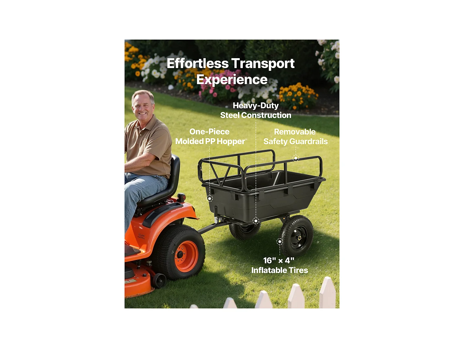 Kippanhänger SucceBuy, 283 L, Ideal für Rasentraktoren und Gärten, Hergestellt aus Robustem Polyethylen, Tragfähigkeit 226,8 kg