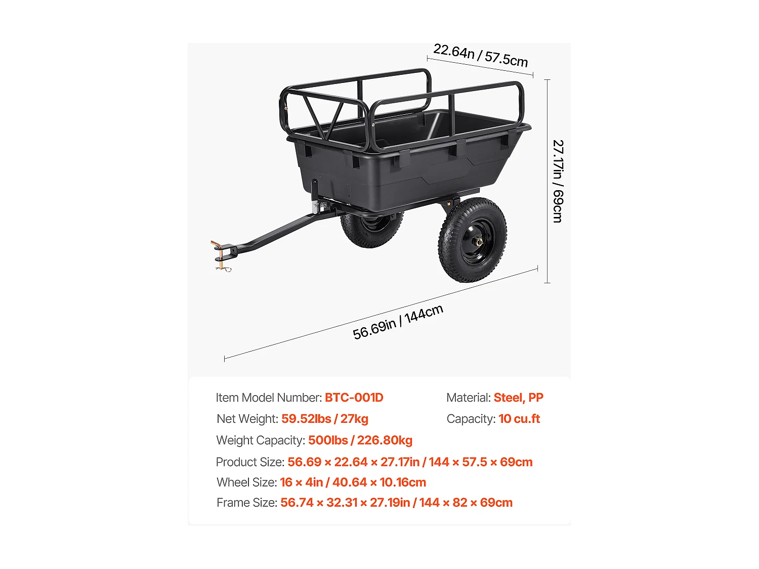 Kippanhänger SucceBuy, 283 L, Ideal für Rasentraktoren und Gärten, Hergestellt aus Robustem Polyethylen, Tragfähigkeit 226,8 kg