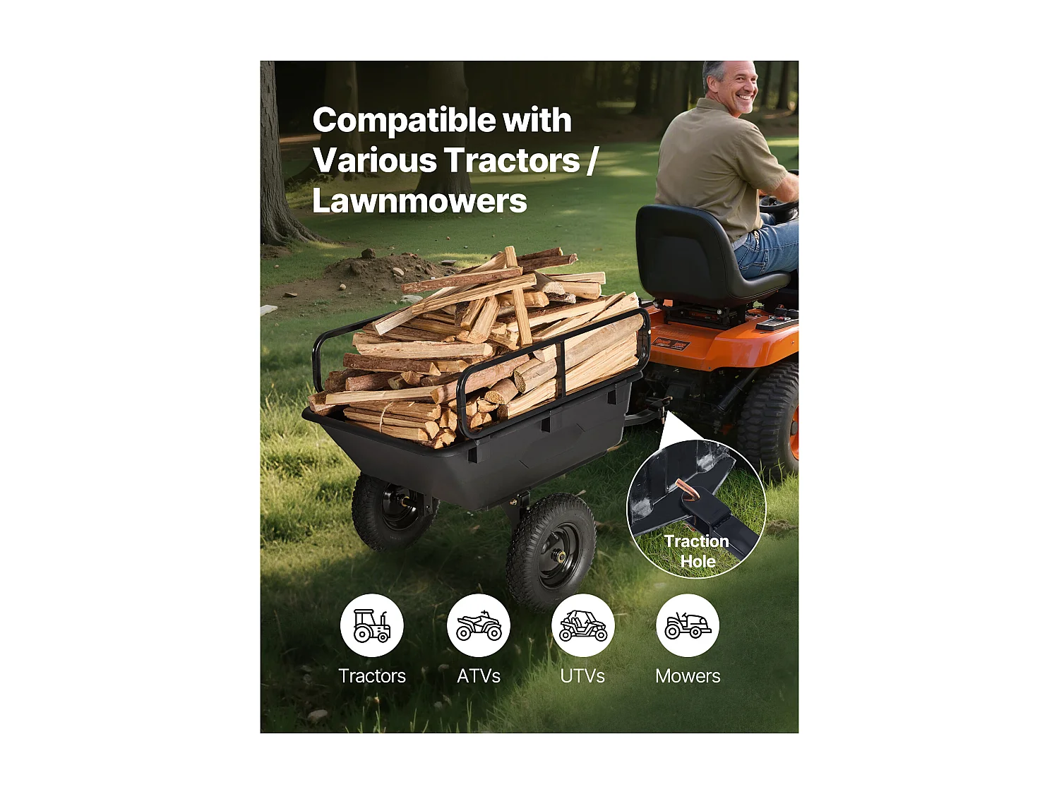 Kippanhänger SucceBuy, 283 L, Ideal für Rasentraktoren und Gärten, Hergestellt aus Robustem Polyethylen, Tragfähigkeit 226,8 kg