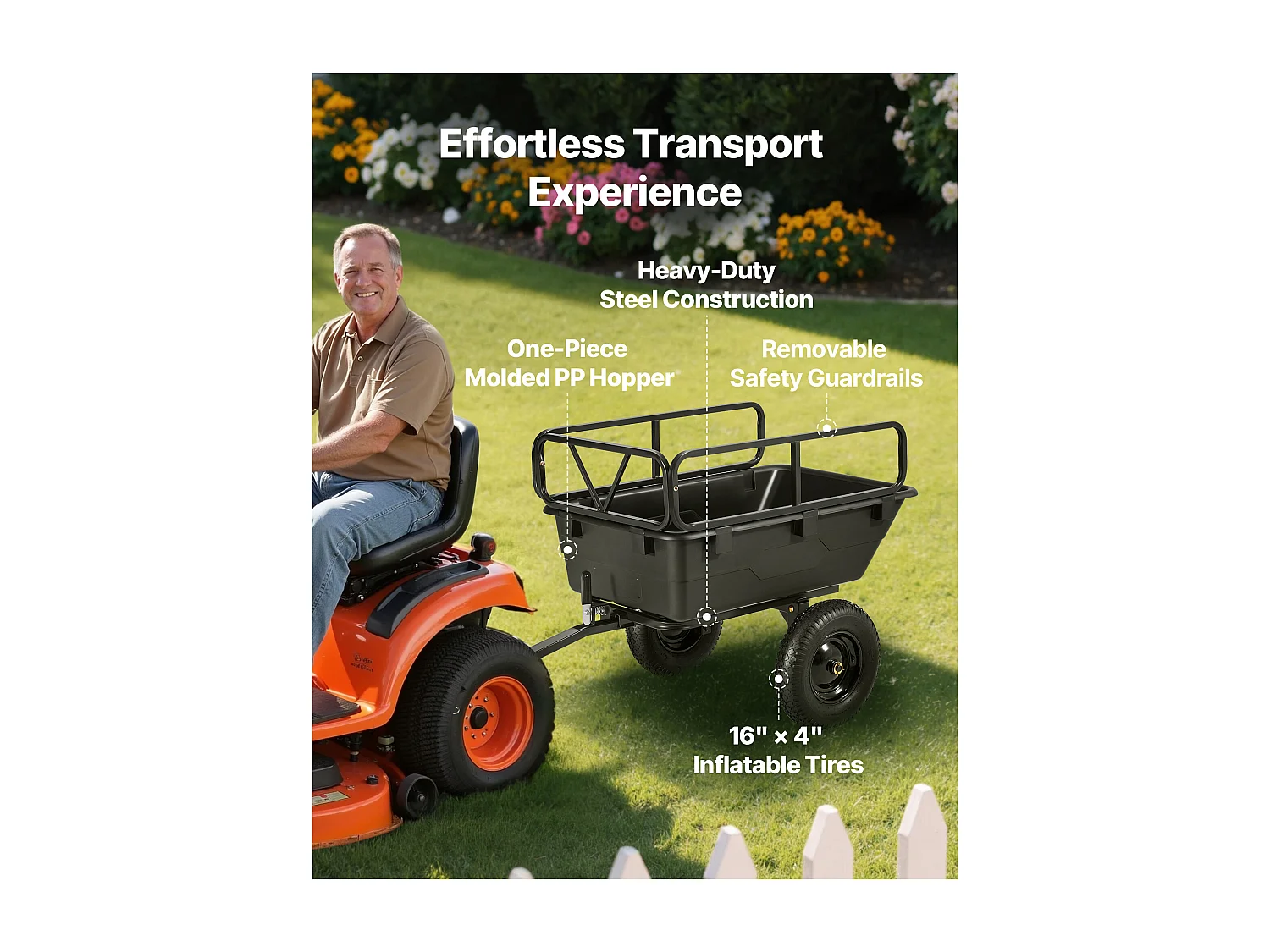 Kippanhänger SucceBuy, 283 L, Ideal für Rasentraktoren und Gärten, Hergestellt aus Robustem Polyethylen, Tragfähigkeit 226,8 kg