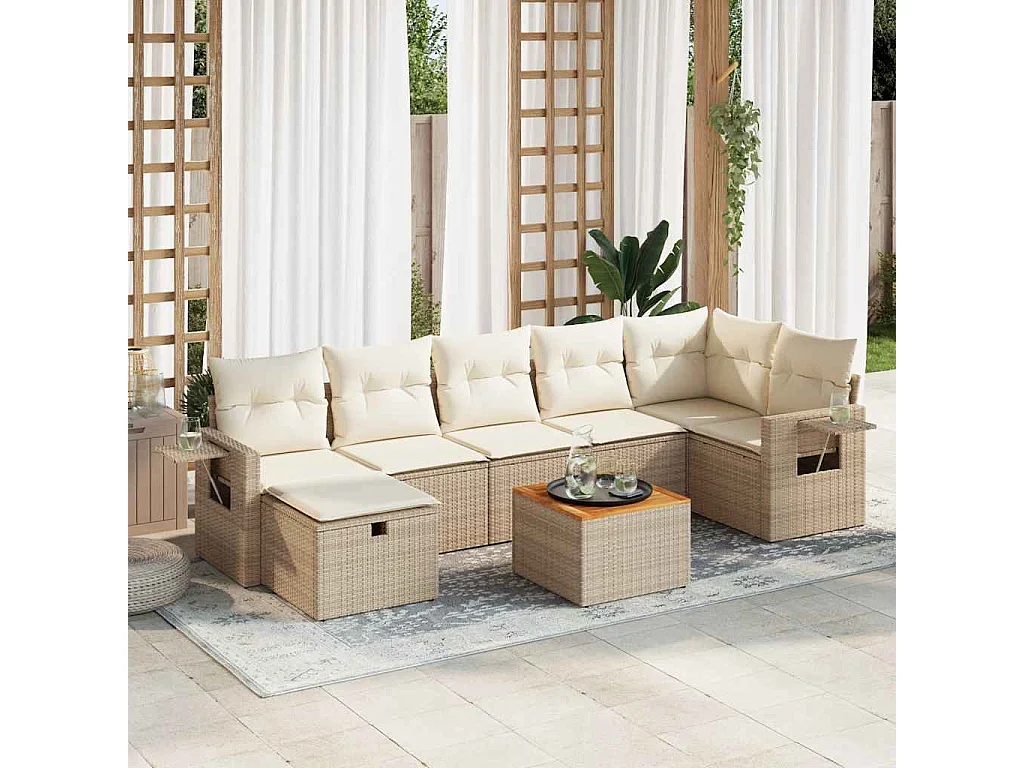8 pcs conjunto de sofás p/ jardim com almofadões vime PE bege